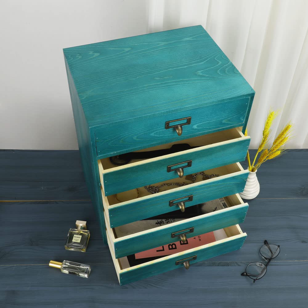GoooodGIFT Large Wooden Drawers Rustic Desk Organizers and Accessories Wooden Storage Dox with Drawer Paper Storage Drawers Wood File Organizer Library Card Catalog Cabinet Apothecary Cabinet (L-BLUE)