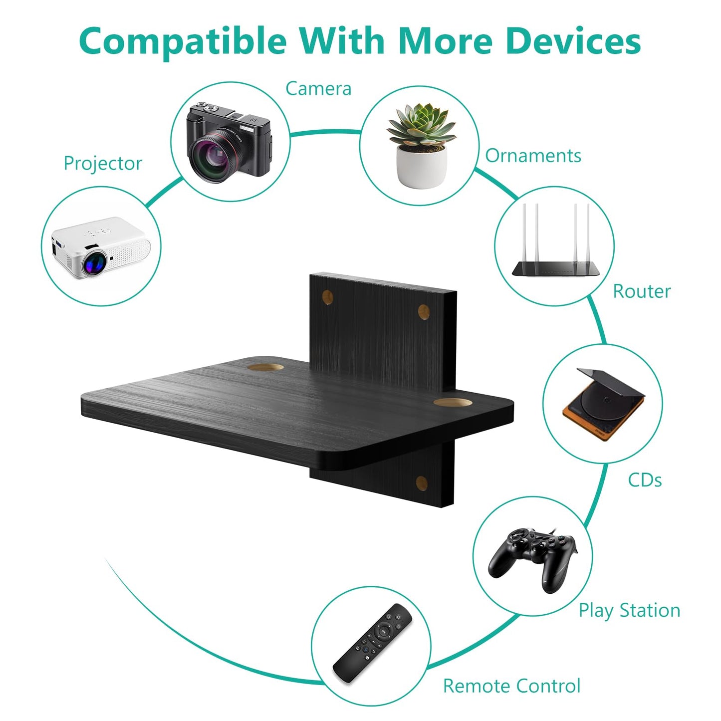 WALI Floating TV Shelf, 1 Tier Projector Shelf for DVD Players, Routers, Game Consoles, Cable Boxes, Living Room Decor Accessories, Wall Mount Shelves Holds Up to 22lbs (CS201NB), 1-Shelf, Black