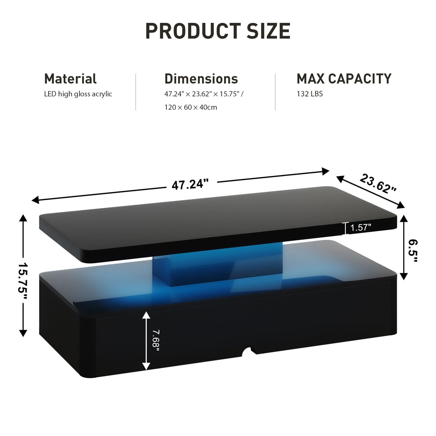 OneBlis 47" Modern Coffee Table with 16 Colors LED Lights, 2 Tier Rectangular Center Table with Large Storage Space, Stylish High Glossy Wooden Tea Tables for Living Room, Bedroom, Home Office, Black