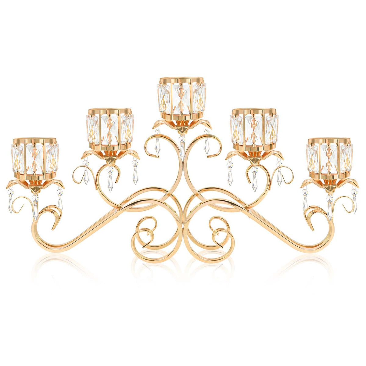 Kehail Gold 5 Arms 26.8 Inches Wide Crystal Pendant Bowl Tea Light Candle Holder, Large Bling Centerpiece Table Decorations, Metal Votive Candle Holders for Dining Table (Gold, Cup-Shaped)