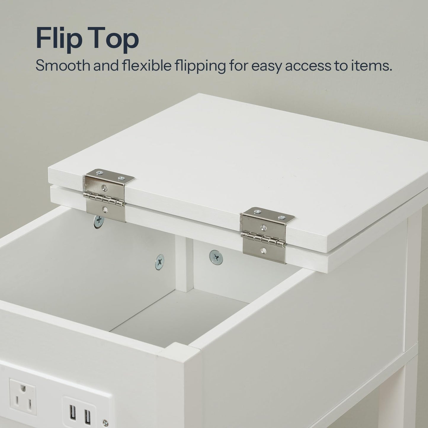 HOOBRO End Table with Charging Station, Flip Top Side Table with USB Ports, Narrow Nightstand Bedside Tables with Storage Shelves, for Small Space, Living Room, White WT141UBZ01