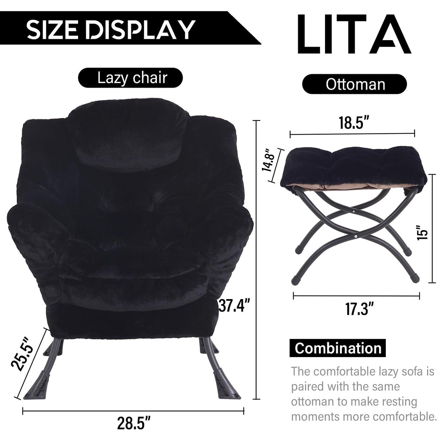 LITA Modern Accent Leisure Upholstered Sofa Chair, Lounge Reading Chair with Armrests and a Side Pocket for Living Room, Bedroom & Small Space, Plush Black