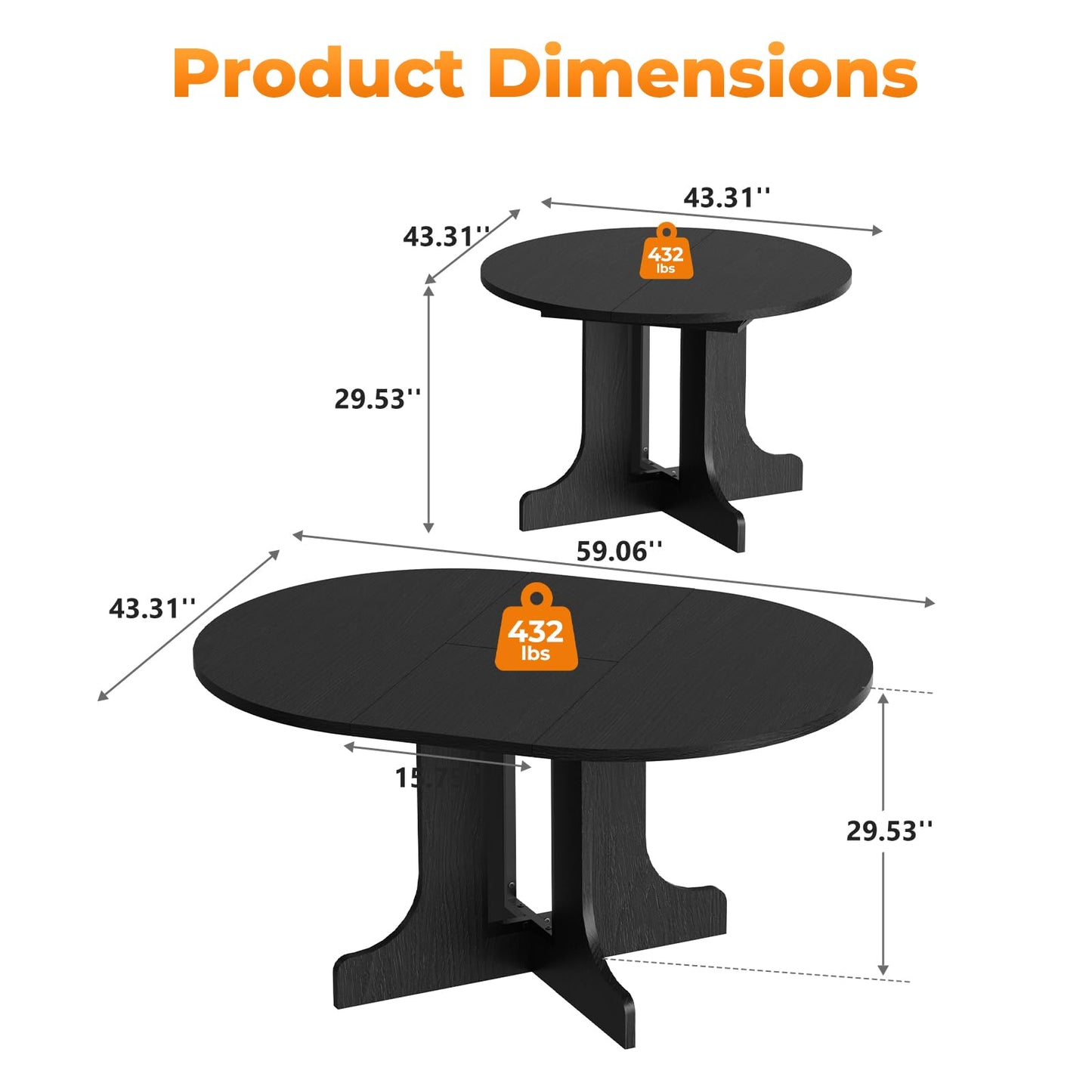 Zevemomo 43"-59" Round Expandable Dining Table, Extendable Dining Room Table for 4-6, Oval Tabletop with Wood Base Removable Leaf, Modern Black Circle Dinner Table for Kitchen Room Living Room