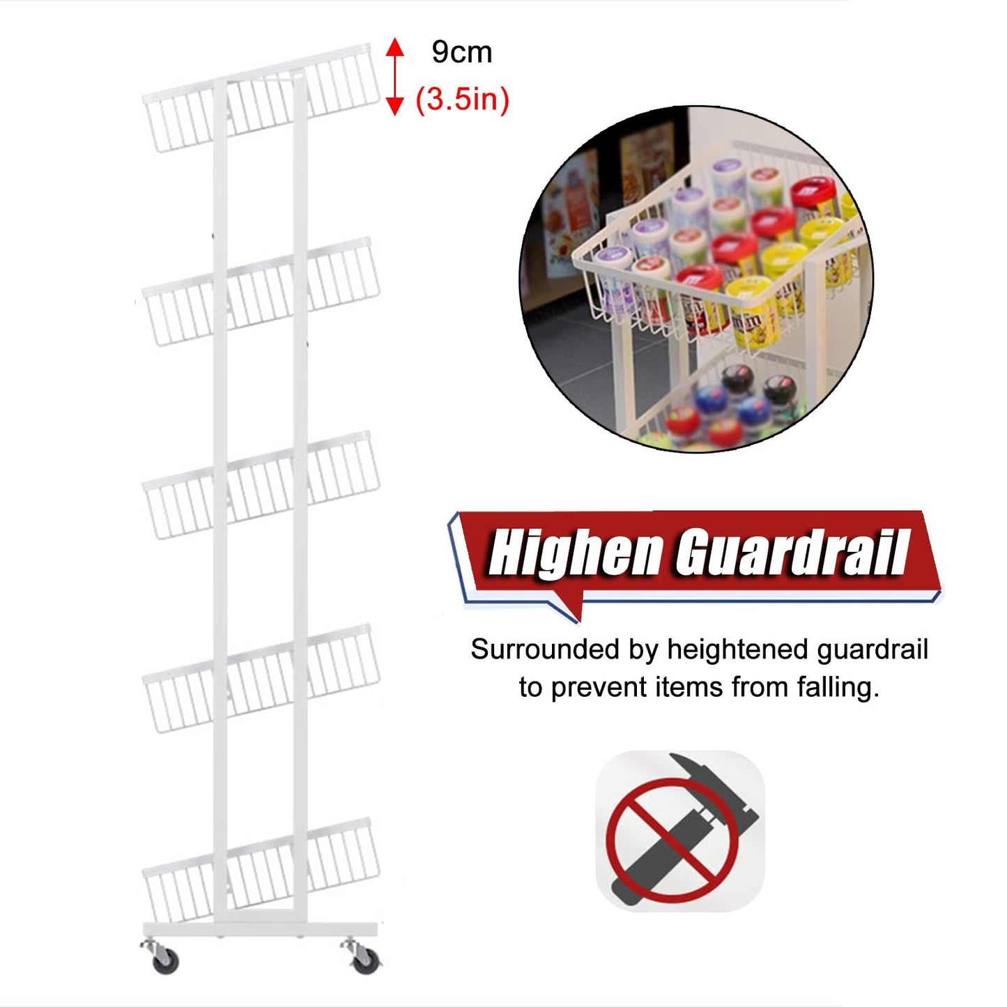 3/4/5 Layer Snack Organizer for Pantry Shelf, Freestanding Mobile Chip Candy Snack Fruit Vegetable Display Rack with Tiltable Basket, Kitchen/Pantry/Office Wire Storage Cart (