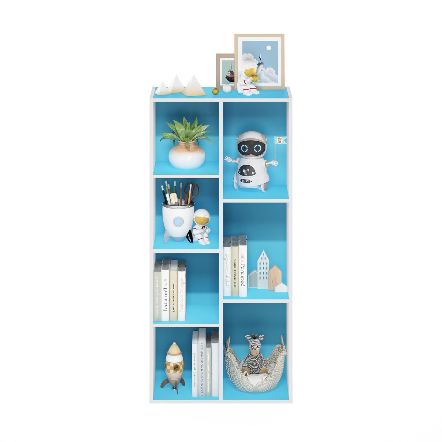 Furinno LUDER Book Shelf, 7-Cube Bookshelf, Bookcase with Open Shelves, 9.4 x 19.5 x 41.7, Easy Assembly, for Living Room, Bedroom, Home Office, White/Light Blue