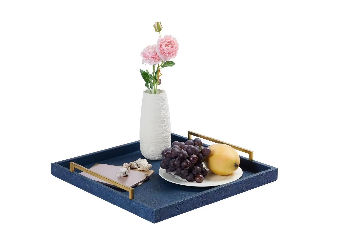 24"x24" Oversized Square Ottoman Tray for Living Room, Extra Large Navy Blue Shagreen Leather Decorative Tray for Coffee Table,Wooden Serving Trays for Dinner Party (navyblue-Gold Handle, 24")