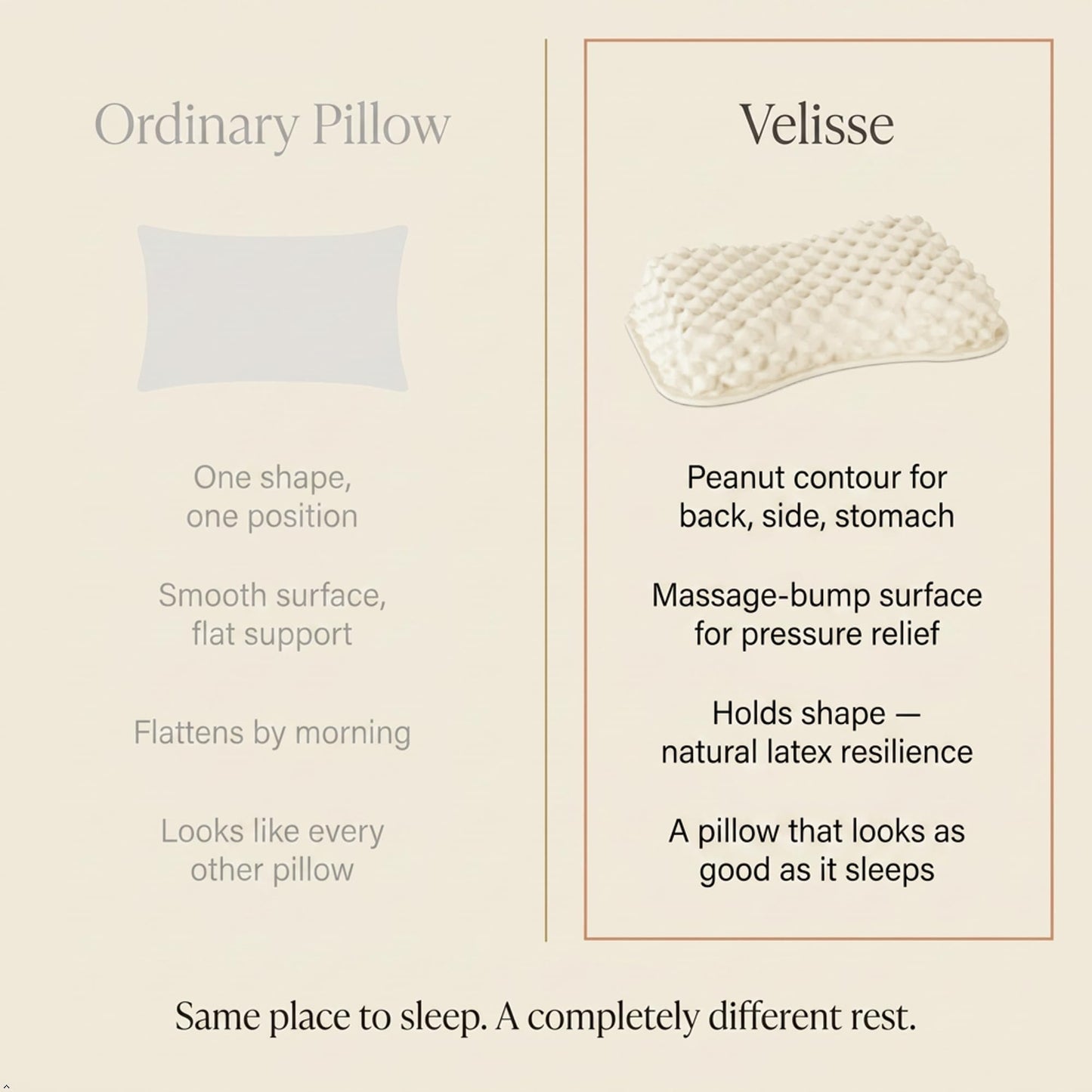 Vinabedding Velisse — Natural Latex Pillow for Stomach Back Side Sleepers, Peanut Shape for All Position Sleeping, Wave-Ridge Surface, Single-Height Adaptive Design, 100% Pure Vietnam Latex