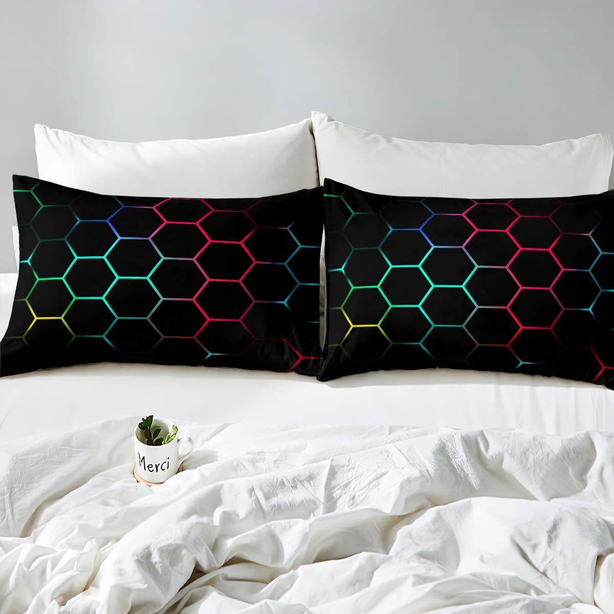 Feelyou Teal and Blue Red Yellow Bed Sheet Set Hexagonal Bedding Sheets Kids Boys Teens Honeycomb Decor Bedding Fitted Sheet Beehive Simplistic Geometric Bed Cover Bedroom Collection 2Pcs Twin Size