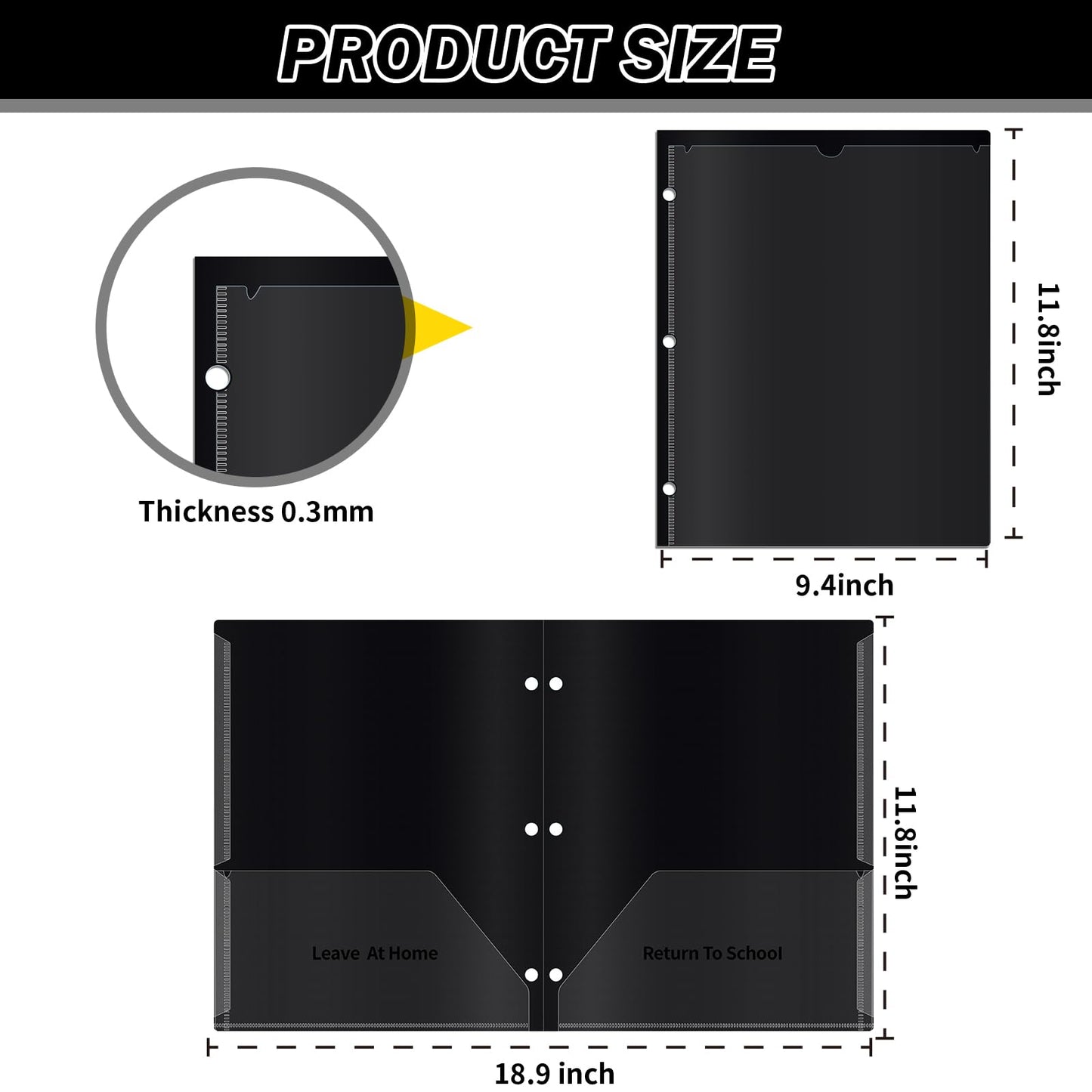 30 Pcs 3 Hole Punch Parent Teacher Communication Folders with Clear Front Pockets for 3 Ring Binders, 2 Pockets Homework Take Home Plastic Folders Classroom Folder for Kid Student ﻿ (30, Black)