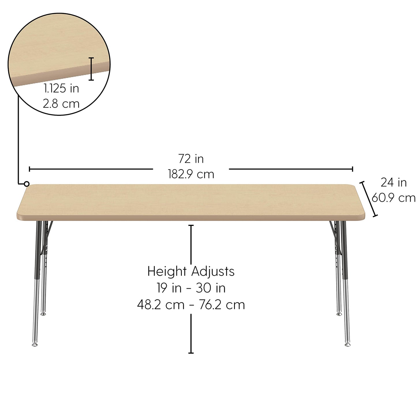 FDP La Madera Rectangle Activity Table (24 x 72 inch), Standard Legs with Swivel Glides, Adjustable Height 19-30 inches Modern Professional Woodgrain Tabletop - Asian Sand/Black