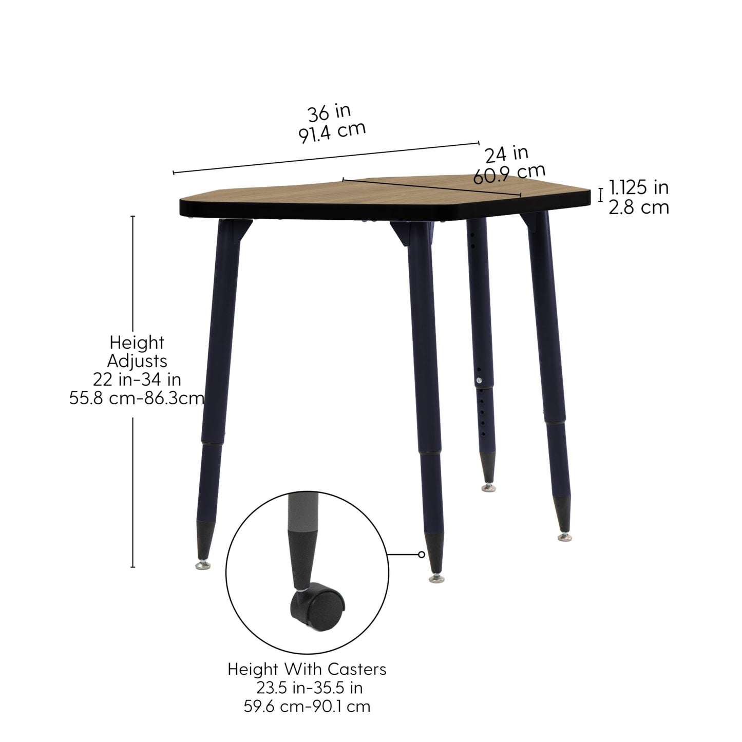 Adapte Commercial Classroom Activity Table - 24" x 36" Petal, ADA Compliant Tapered Legs with Glides & Casters, Adjustable Height 22-34" Wheelchair Accessible, School & Office Furniture