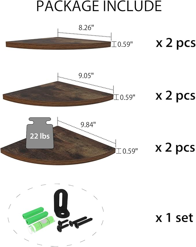 HORLIMER 6 Pack Wall Mount Floating Corner Shelf, Rustic Wood Corner Wall