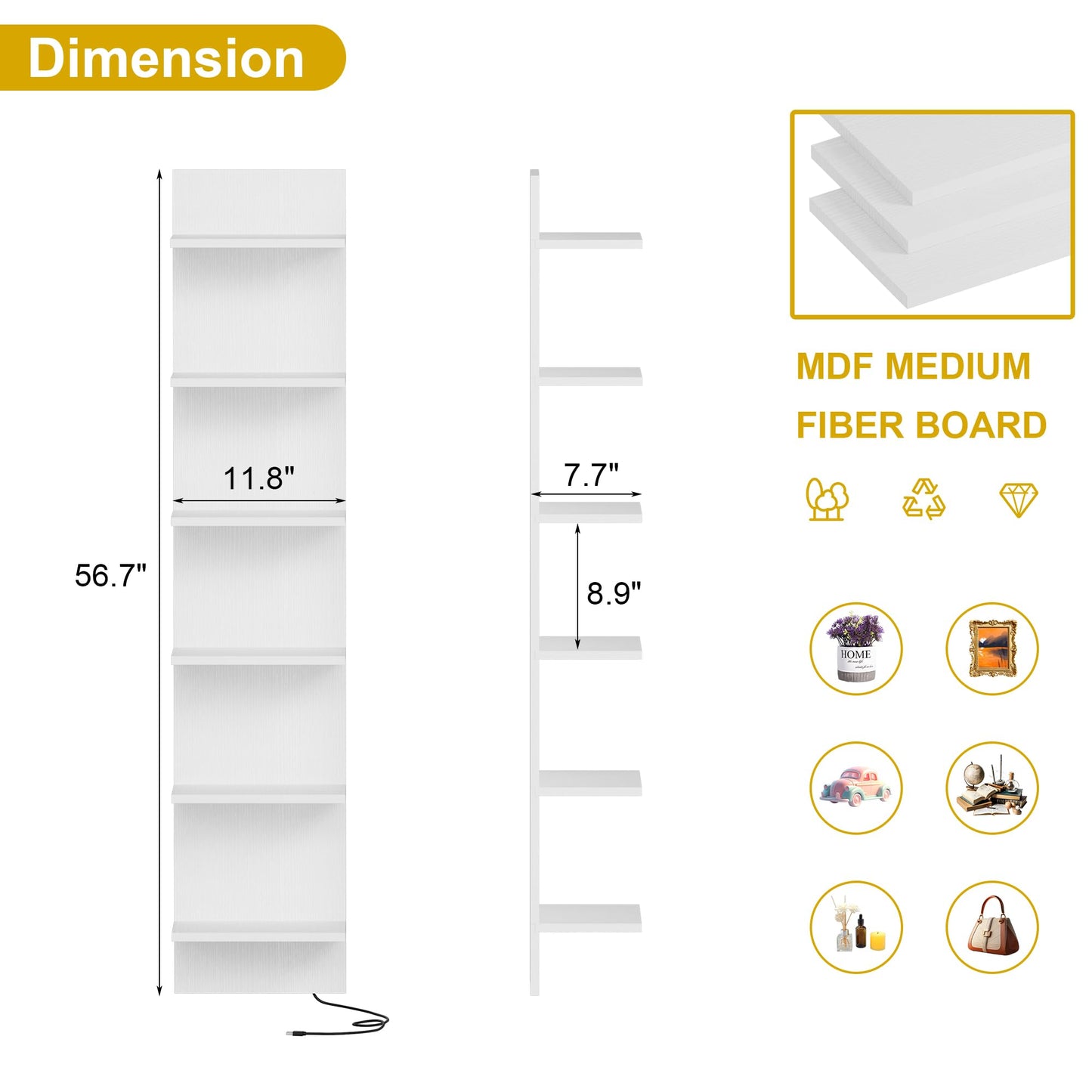 Qupui 6-Tier Wall Shelf with RGB LED Lights, 57" Tall Floating Storage Organizer for Bedroom Living Room Game Room - White Wall Mounted Shelves with 22 Lighting Modes
