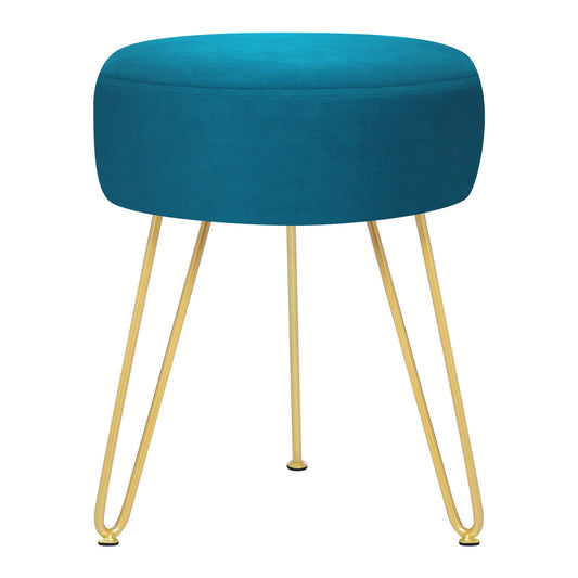 YOONIC Velvet Soft Modern Vanity Footstool -Round Footrest Stool Ottoman Side Table Seat Dressing with Golden Metal Leg and Sponge Filling,Upholstered Foot Rest for Living Room (Peacock blue2)