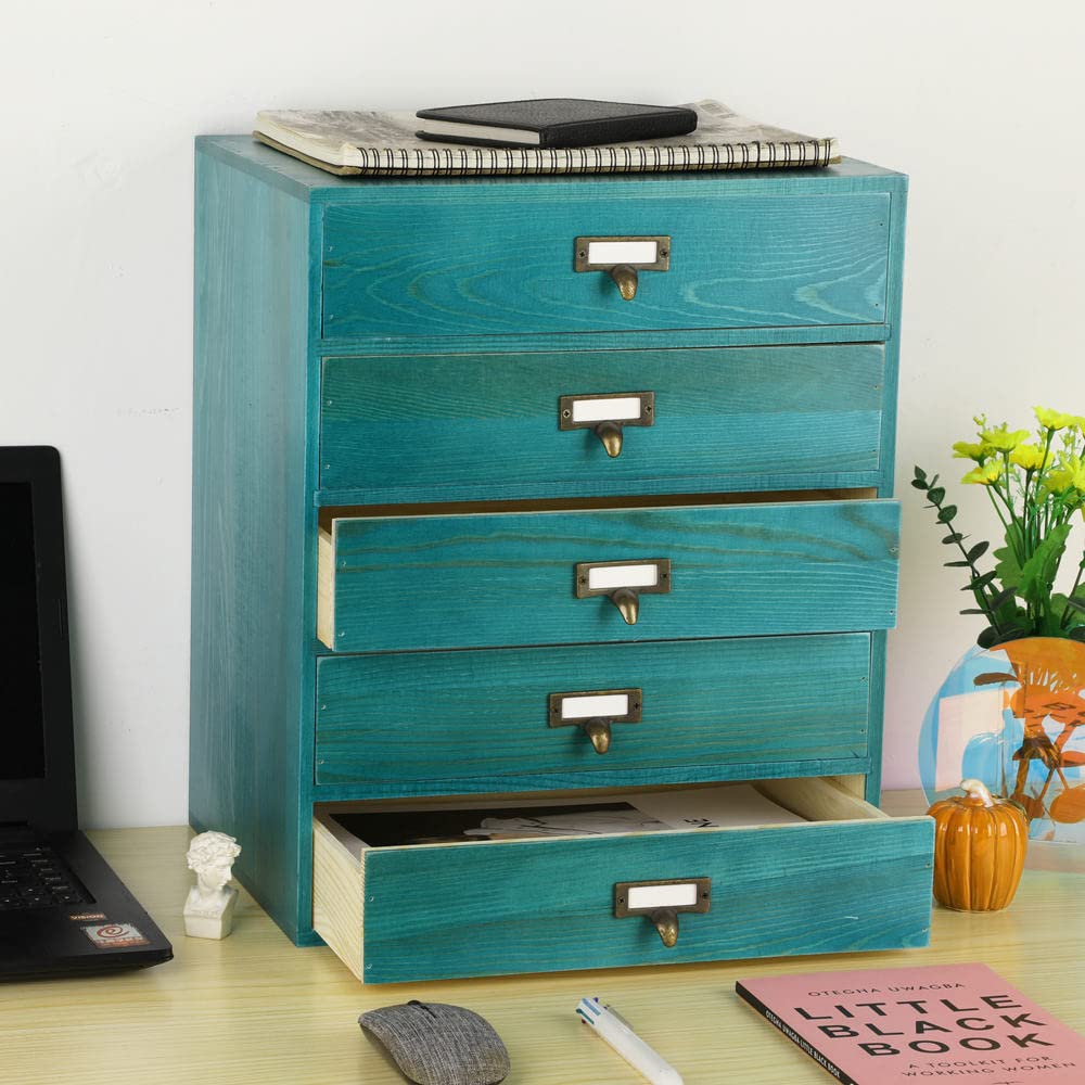 GoooodGIFT Large Wooden Drawers Rustic Desk Organizers and Accessories Wooden Storage Dox with Drawer Paper Storage Drawers Wood File Organizer Library Card Catalog Cabinet Apothecary Cabinet (L-BLUE)