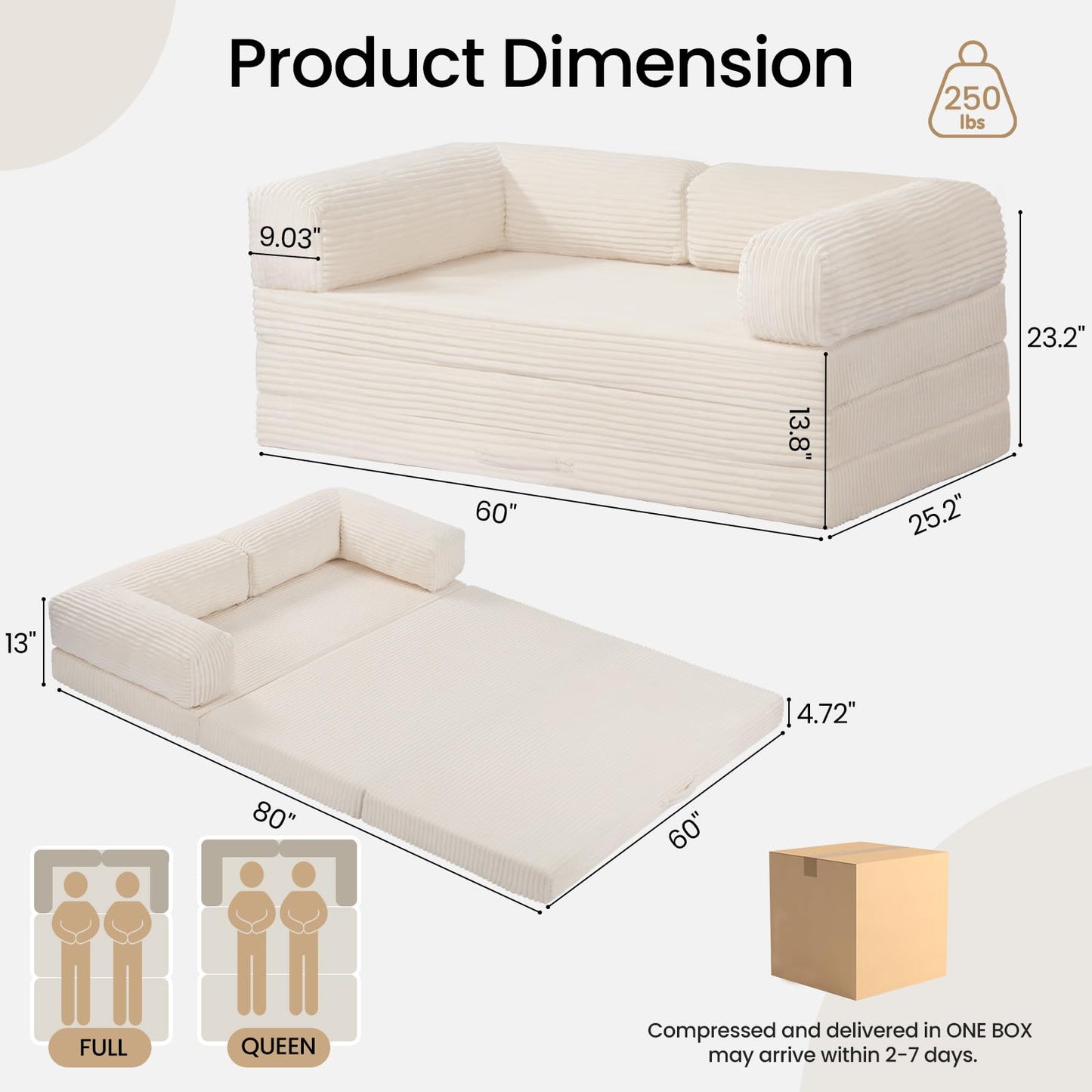 Erament Futon Sofa Bed Queen, Convertible Tri Folding Mattress Foldable with Removable Armrests & Washable Cover, 5-Inch Floor Mattress with High-Density Foam, Small Pull Out Couch Bed, Beige