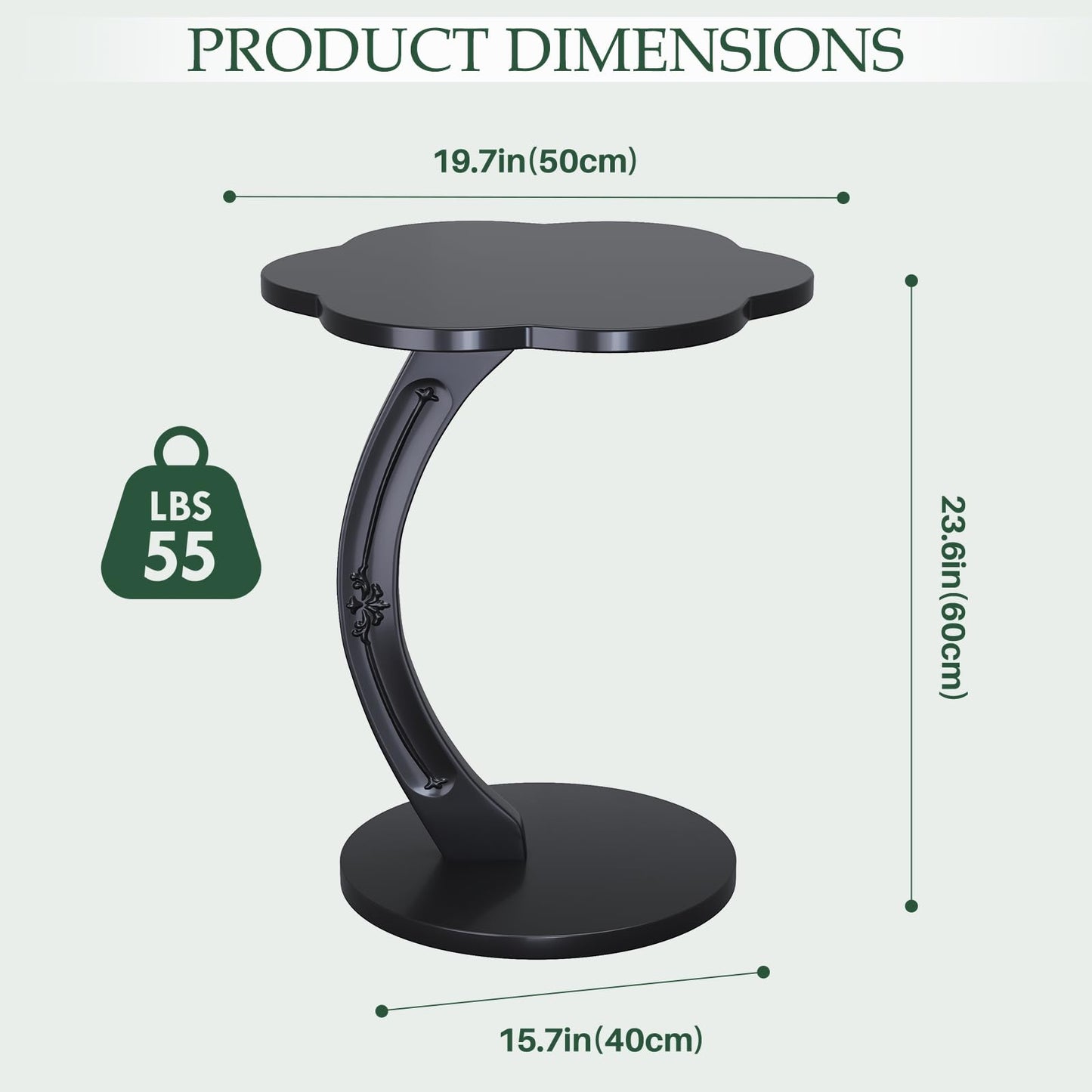 MYOTA C-Shaped End Table for Couch - Round Small C Side Table, Flower Handmade Solid Wood Sofa Couch Tables That Slide Under Bedside, Saving Space Wooden Tray for Living Room, Small Space, (Black)
