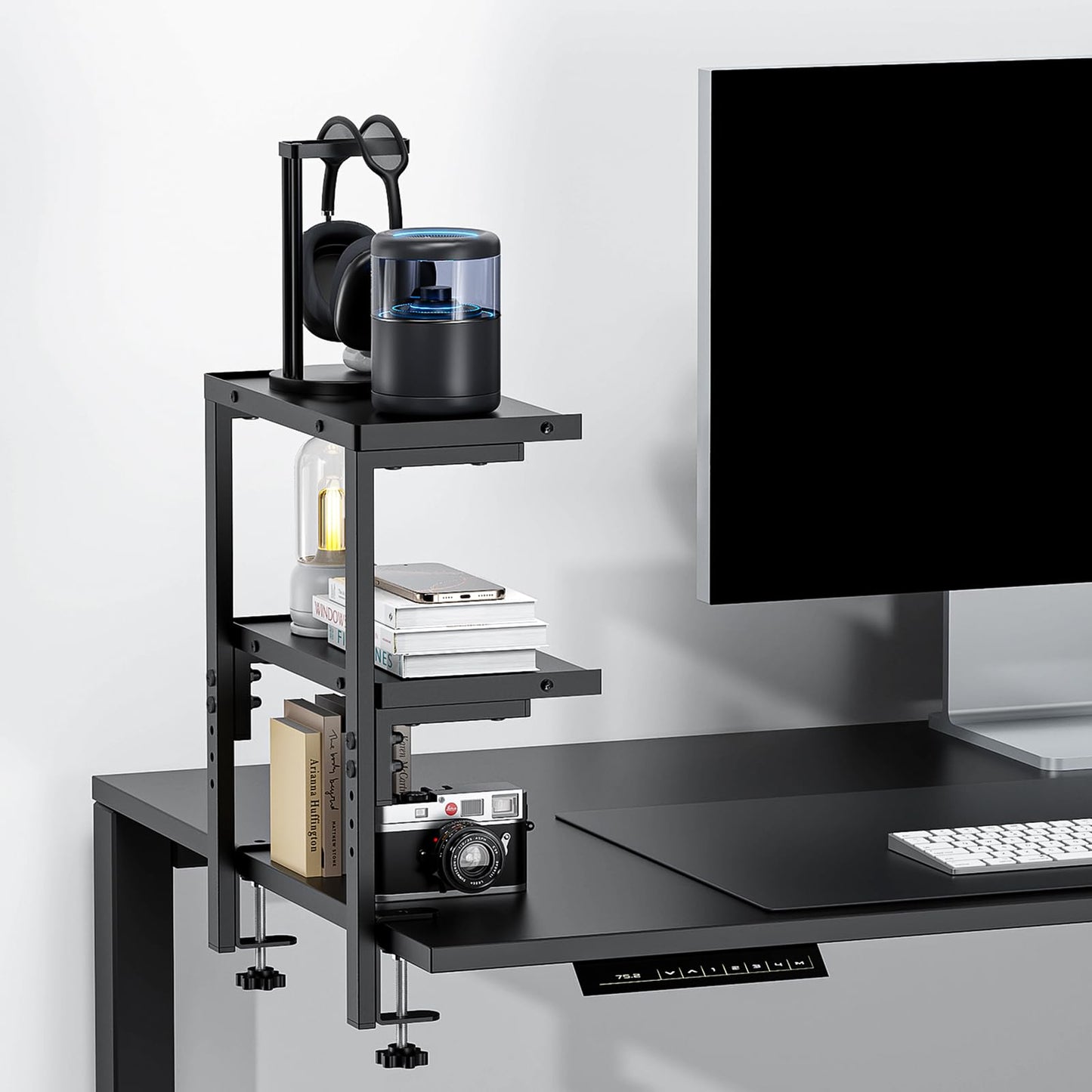 OUTIOE 2-Tier Desk Shelf, Expandable Under Desk Storage, Clamp on Desk Shelf, Desktop Accessories for Offices, Study Rooms, and Game Rooms (Black)