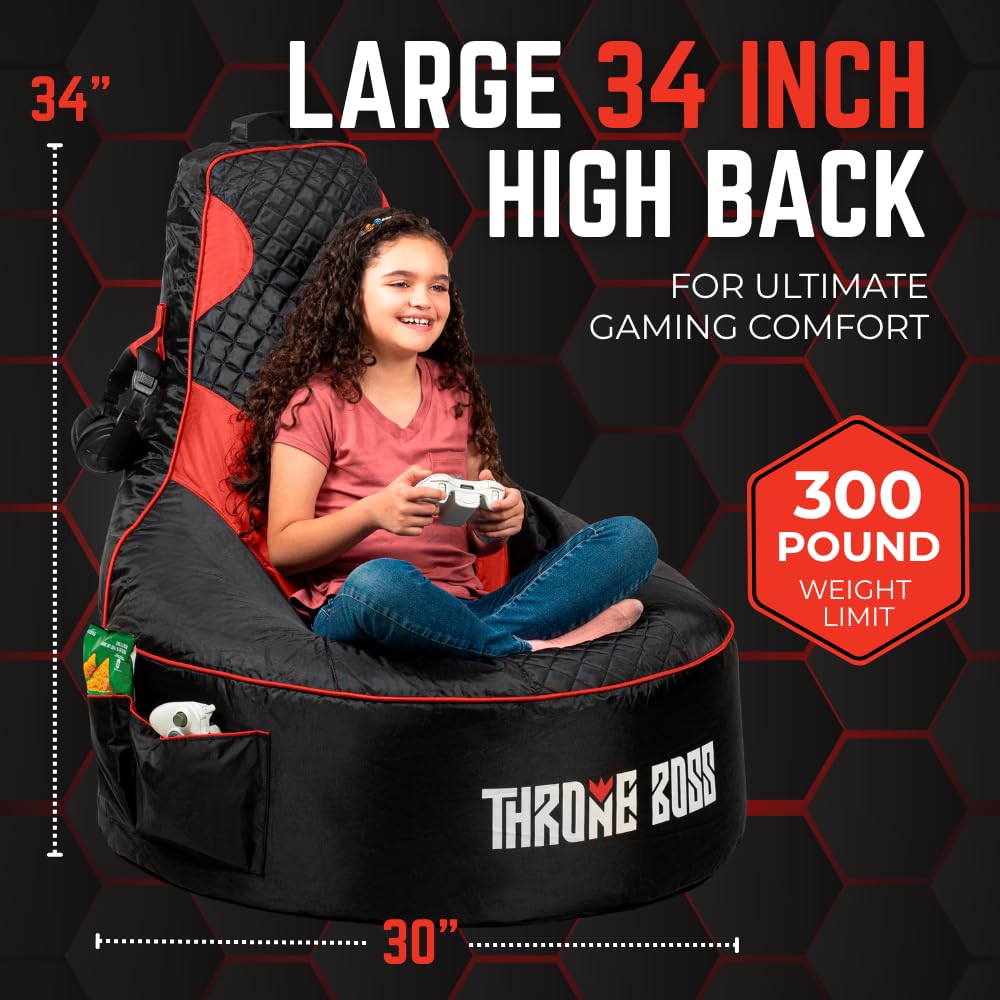 Throne Boss Gaming Bean Bag Chair Cover for Kids with High Back, Red – Gamer Chair for Kids with 2 x Large Side Pockets, Headphone Hanger, Easy to Clean Fabric, Requires 200 Liters Polystyrene Beans