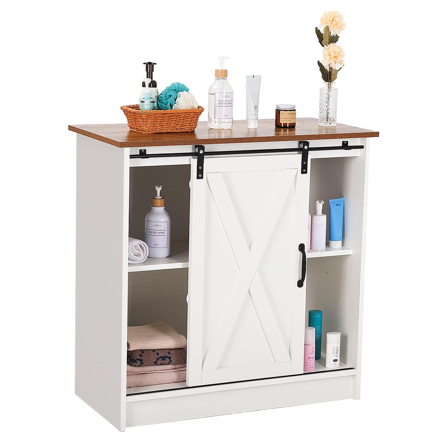 COSYSUPER White Coffee Bar Cabinet with Storage, Farmhouse Coffee Bar Cabinet, Coffee Bar Table with Sliding Barn Door, Coffee Bar & Adjustable Shelves, for Kitchen, Dining Room, Living Room