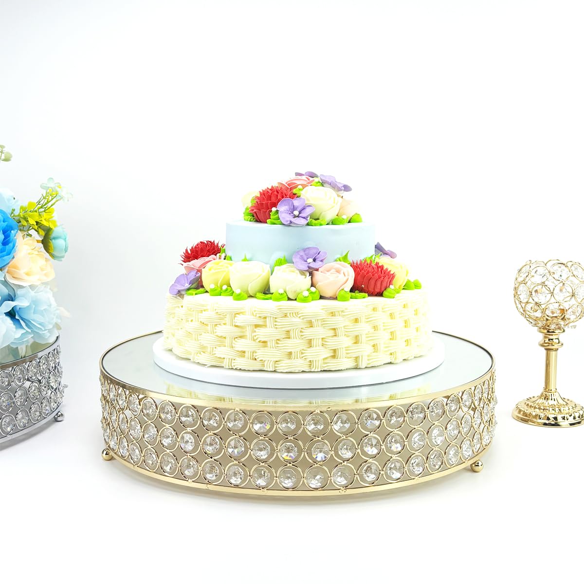 FEICTPOX Metal Cake Stand with Mirror Top Plate Beaded Crystal Display Cake Pedestal,Baking Party Supplies Centerpiece,Gold 16 Inch