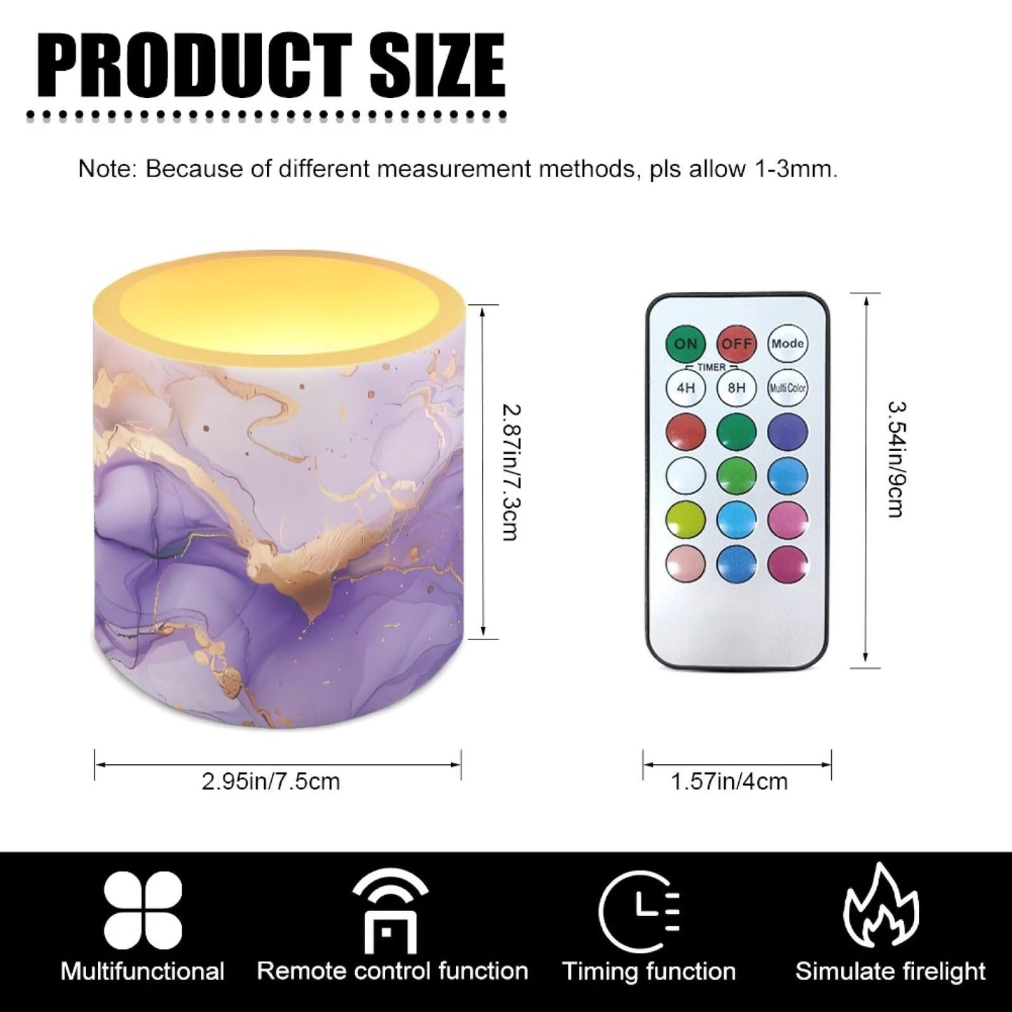 Merkmak 4 Pack Flameless Candles with 18-Key Remote Purple Marble Battery Operated Candles with Timer Flameless Pillar Tea Lights for Party Banquet Home Decorations