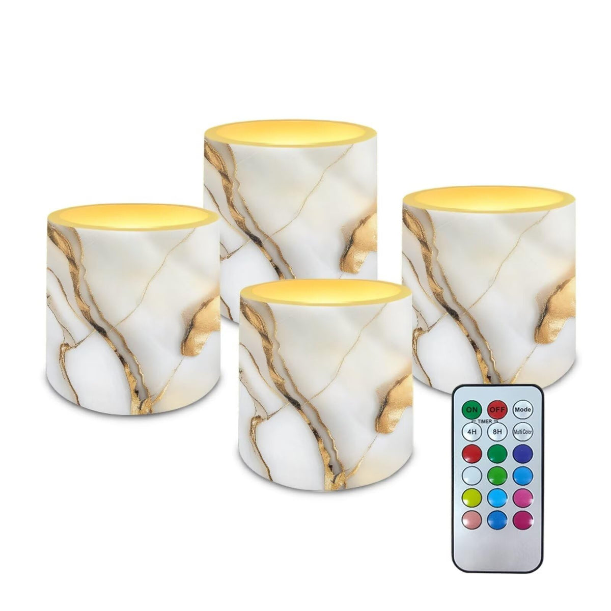 NETILGEN 3 inch Decorative LED Candles Flameless Candles with Remote Control Timer Set of 4 Battery Operated Candles for Home Party Decor White Golden Marble Print