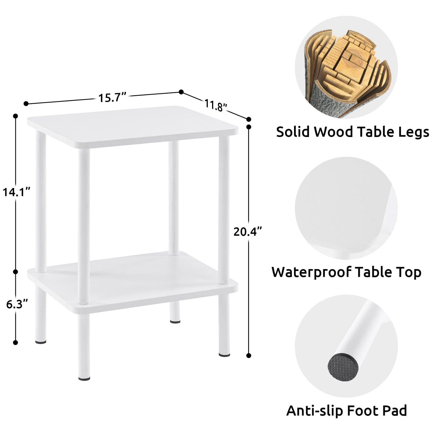 Apicizon 2 Tier End Table, Small Side Table with Solid Wood Legs, Boho Bedside Table with Storage Shelf, Nightstand for Small Spaces, Bedroom, Living Room, Entryway, Farmhouse, Easy Assembly, White