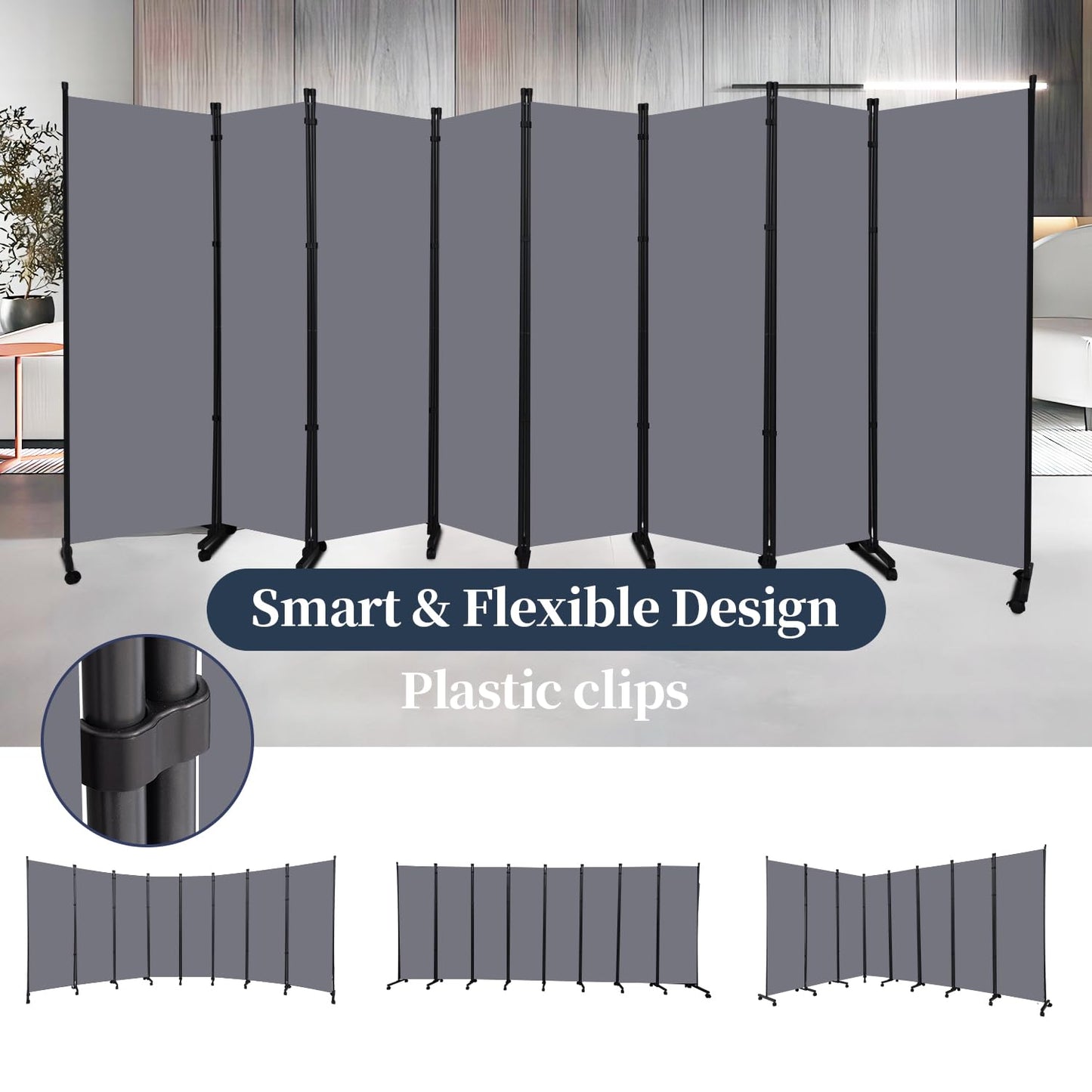 Room Divider Folding Privacy Screens with Lockable Wheels, 176'' Fabric Partition Room Dividers Freestanding Room Divider Panel for Room Separation, Wall Divider for Home Office Bedroom Studio Decor