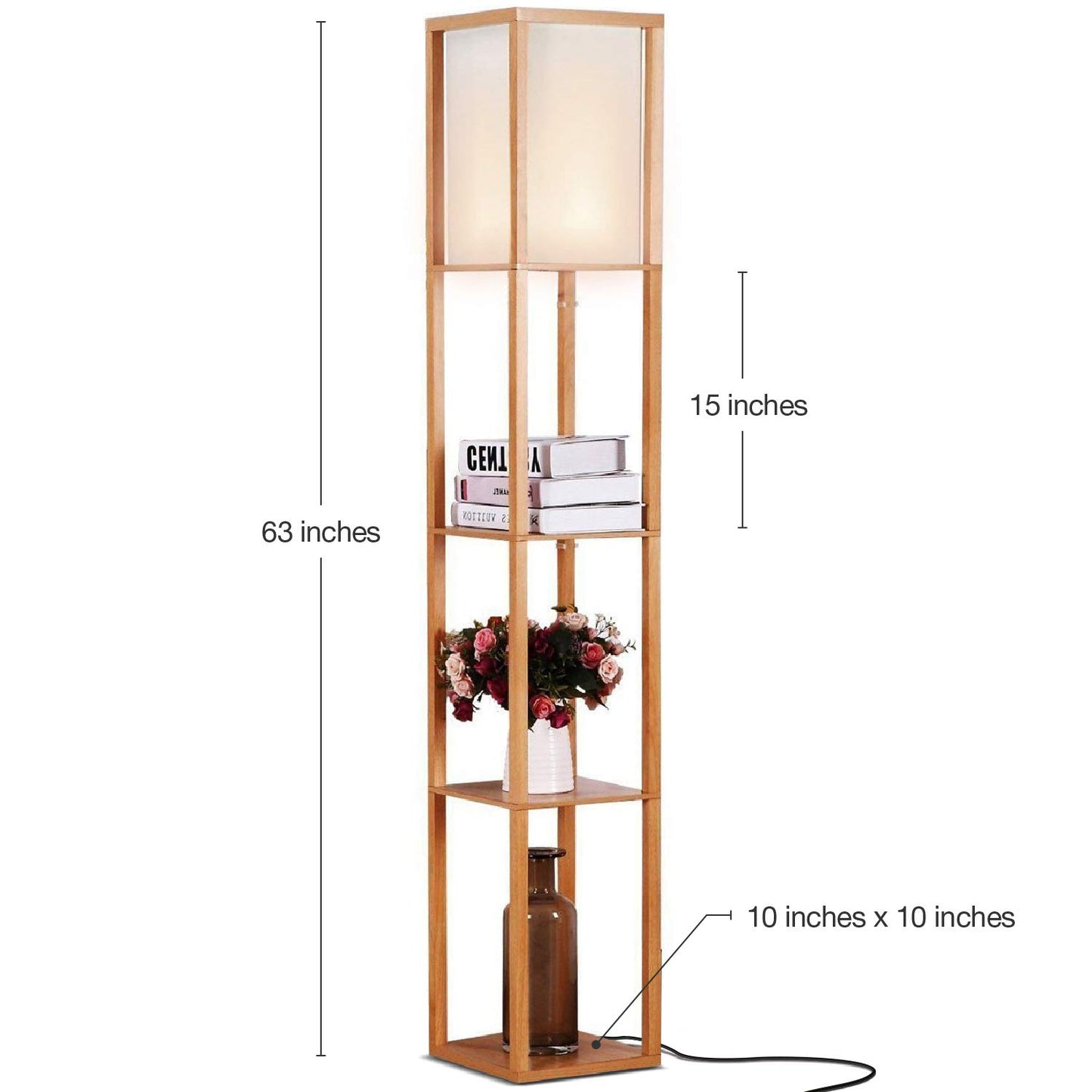 Brightech Maxwell - Modern Shelf Floor Lamp with Lamp Shade & Warm White LED Bulb, Corner Display Floor Lamp with Shelves for Living Room, Bedroom, Nightstand Office, Home Decor Storage - Natural Wood