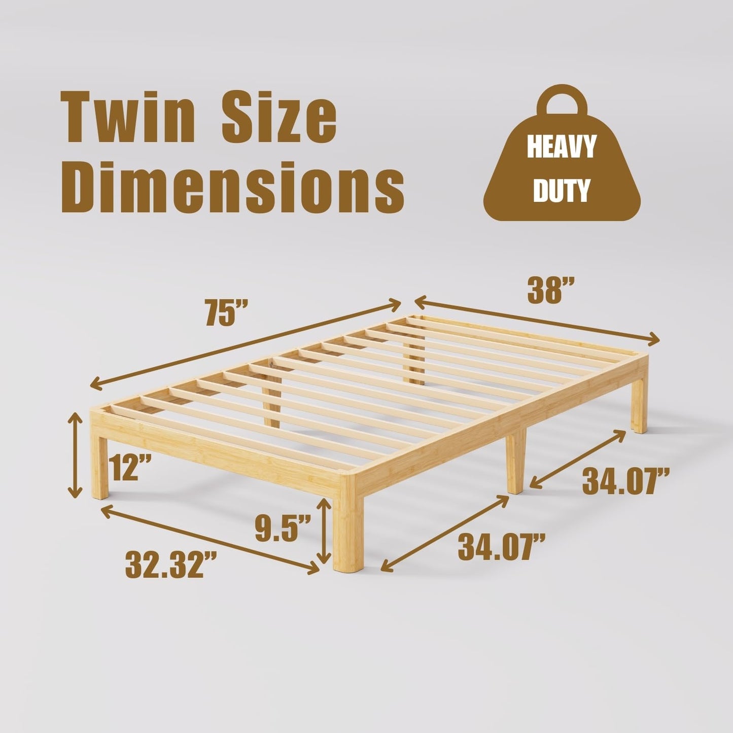 Sementa 12 Inch High Bamboo Wood Twin Size Platform Bed Frame, Metal Slat Support Bed Frame Twin, No Box Spring Needed, Easy Assembly, Noise Free, Reinforced
