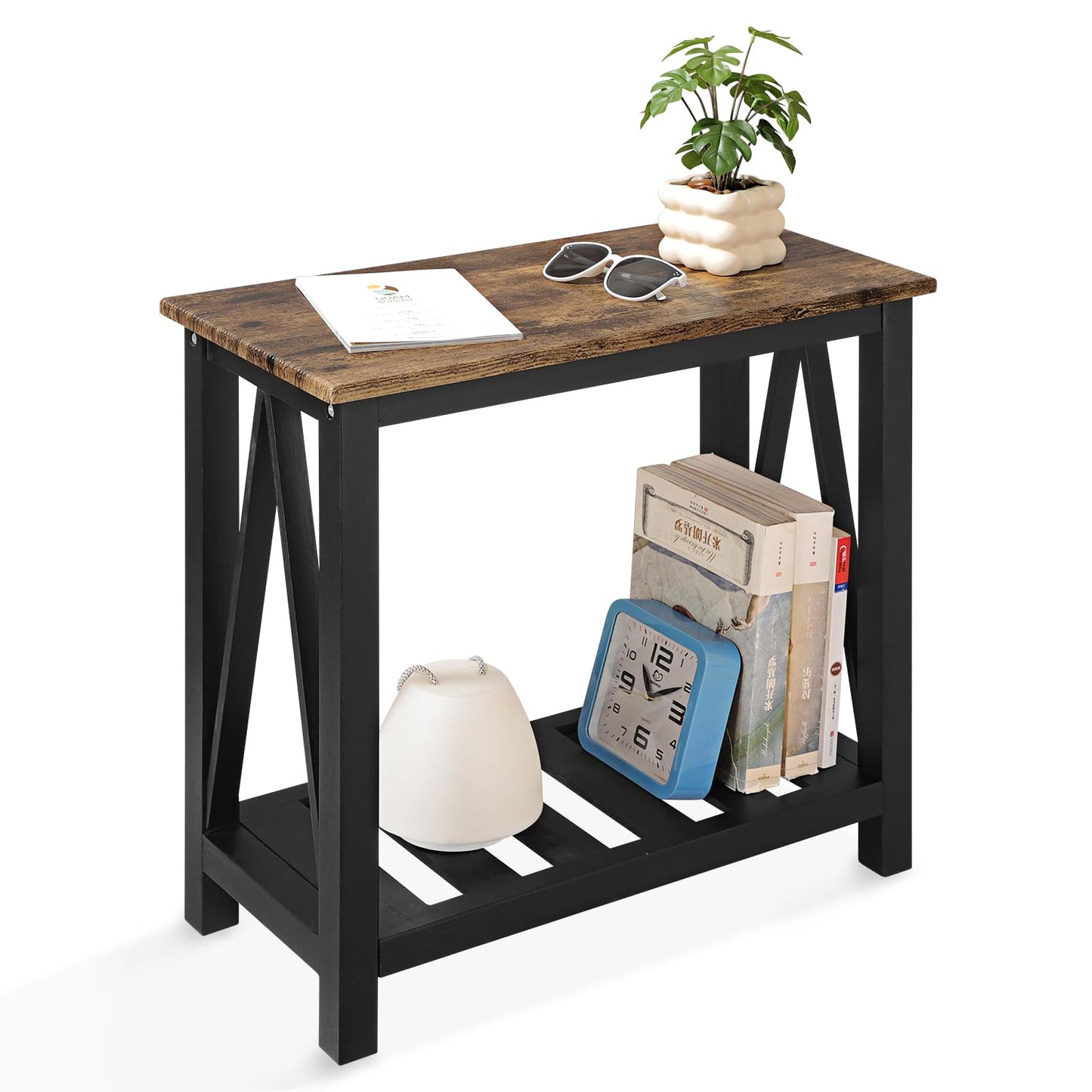 Narrow Side Table Rectangular End Tables with Storage Shelf Small Industrial Nightstands Bedside Table for Small Spaces Living Room Bedroom Bathroom Brown Smooth Tabletop and Black Legs