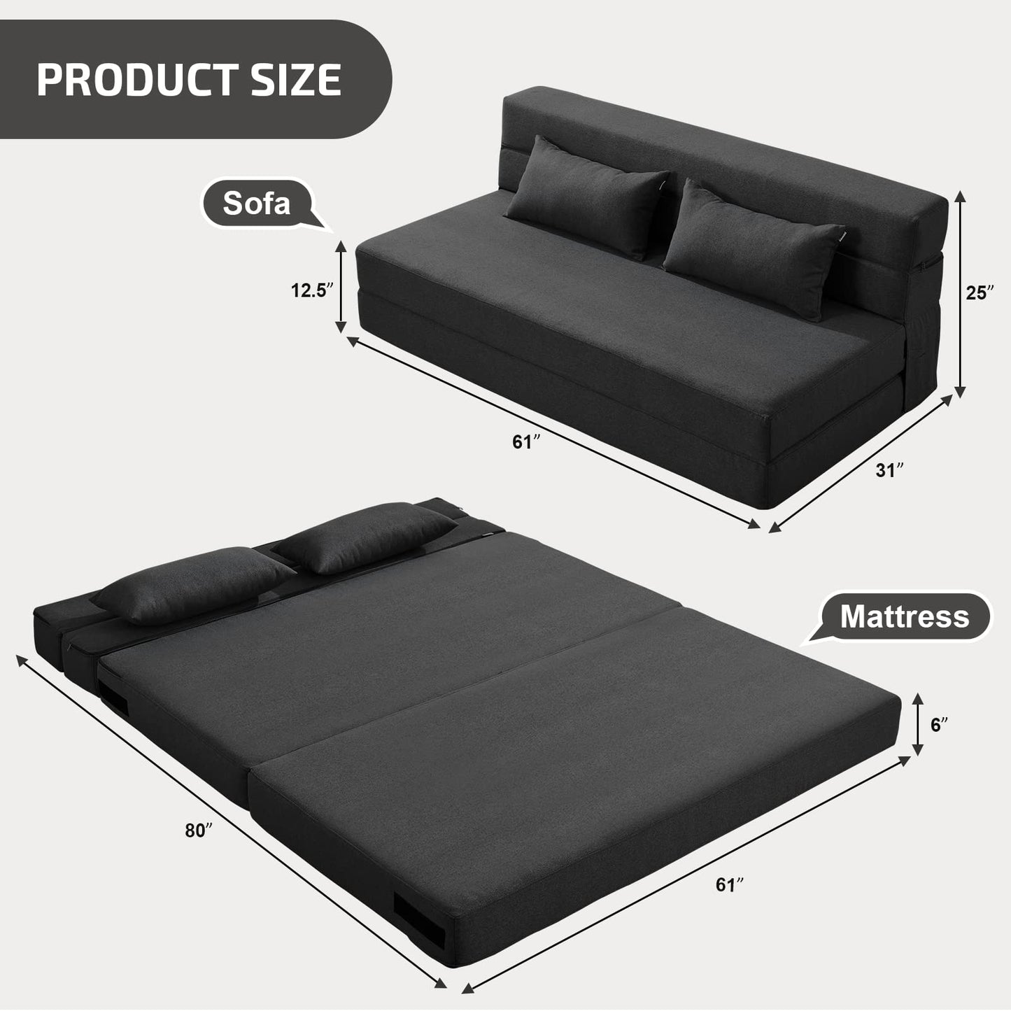 SUYOLS Folding Sofa Bed with Pillows- Convertible Chair Floor Couch & Sleeping Mattress, Foldable Memory Foam Sleeper for Living Room/Dorm/Guest Room/Home Office/Apartment/Loft, Queen, Dark Gray