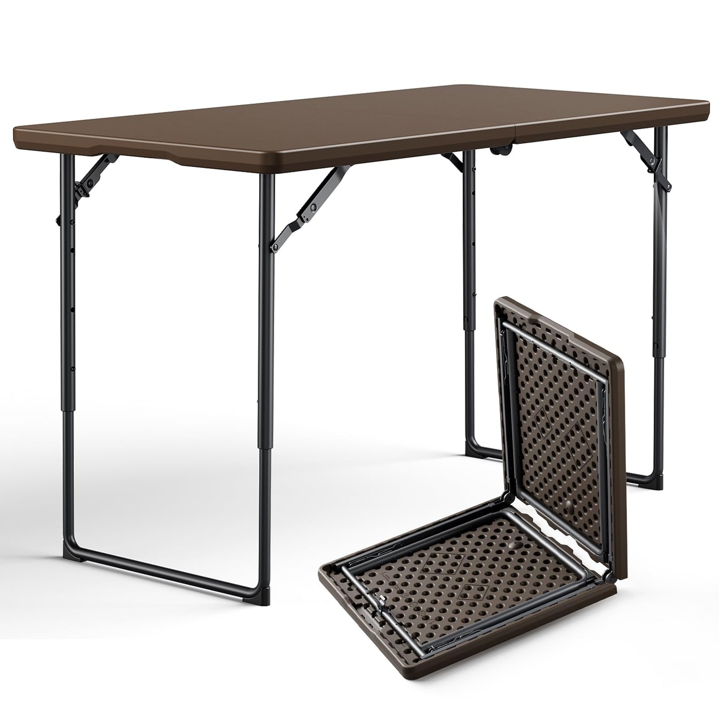 FurniEdge Folding Table 4FT Heavy Duty Plastic Table with Handle, Foldable&Portable, Fold-in-Half Utility Tables for Outdoor, Dining, Wedding, Events, Indoor, Picnic, Camping, Party, Brown