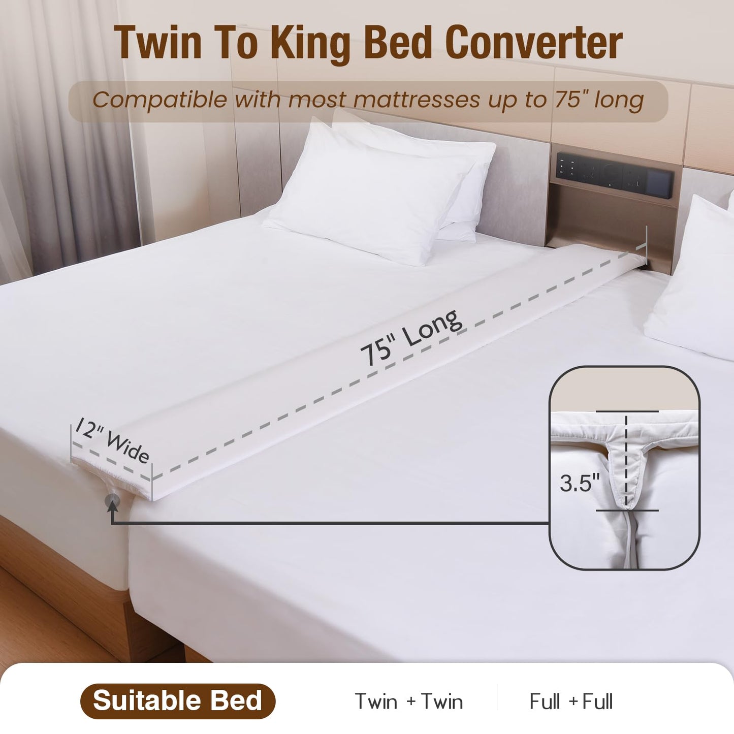 Vekkia 75 x 12 Extra-Wide & Thin Twin to King Converter- Split King Gap Filler (0-3") with Upgraded T-Shaped Design,Washable Cover, Fits Family Beds, Guest Room, Hotel & Vacation Rentals