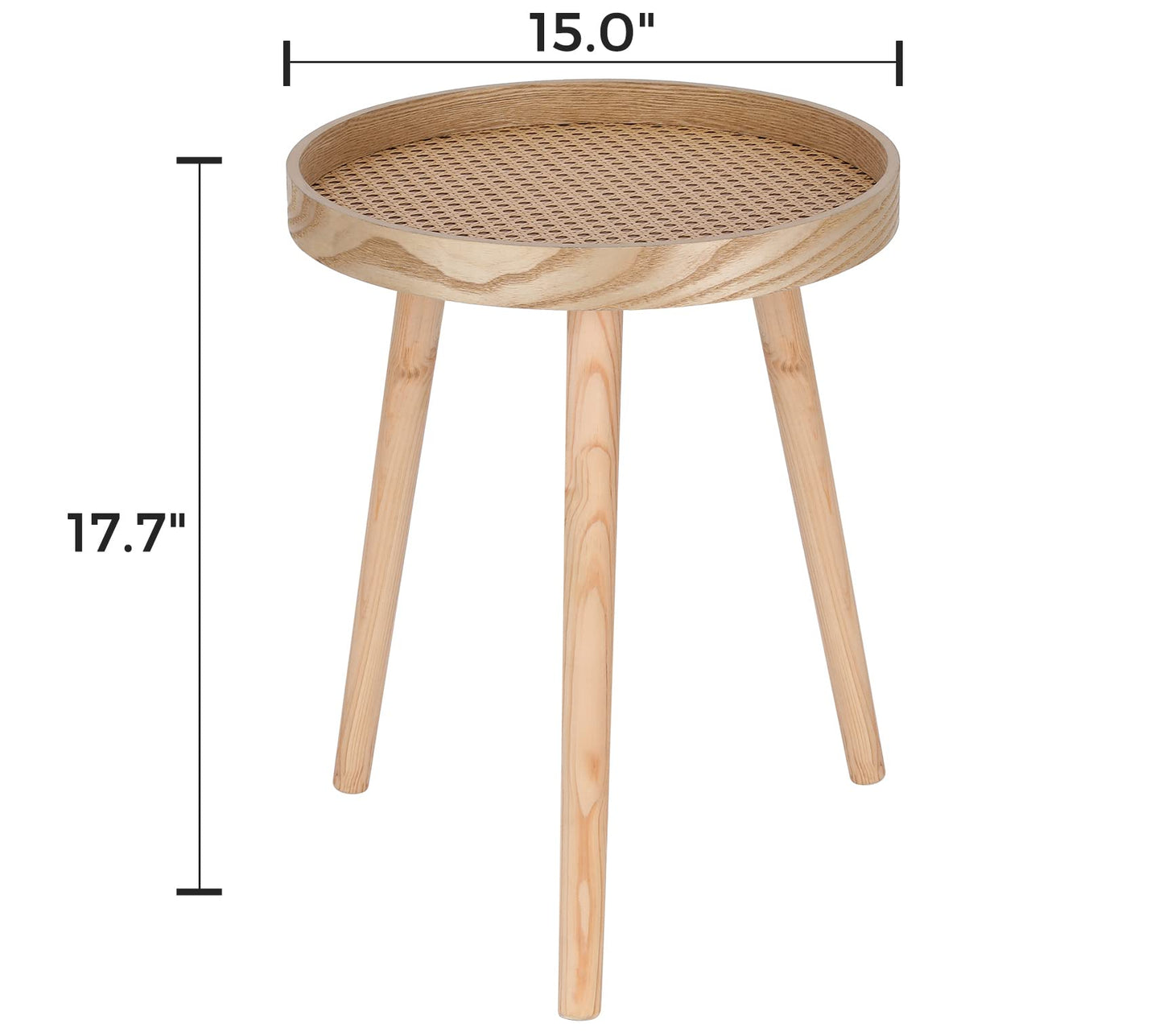 Small Side Table, Rattan Nightstand, Round End Boho Bedside Accent Mid-Century Modern Bed Tables for Living Room Bedroom Office Balcony(Natural Walnut)