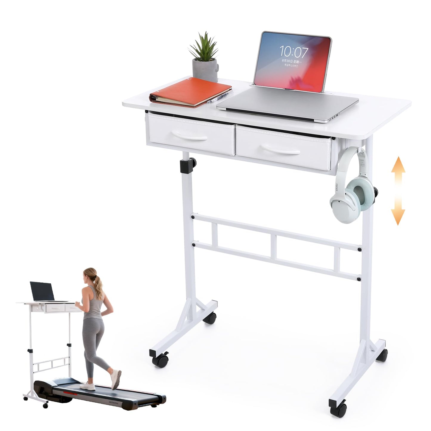 PapeFolicer Small Standing Desk for Walking Pad with Drawers, 27.6"-49.2" Adjustable Folding Standing Desk, 32in Portable Standing Desk on Wheels, Rolling Desk for Home/Classroom/Office, White