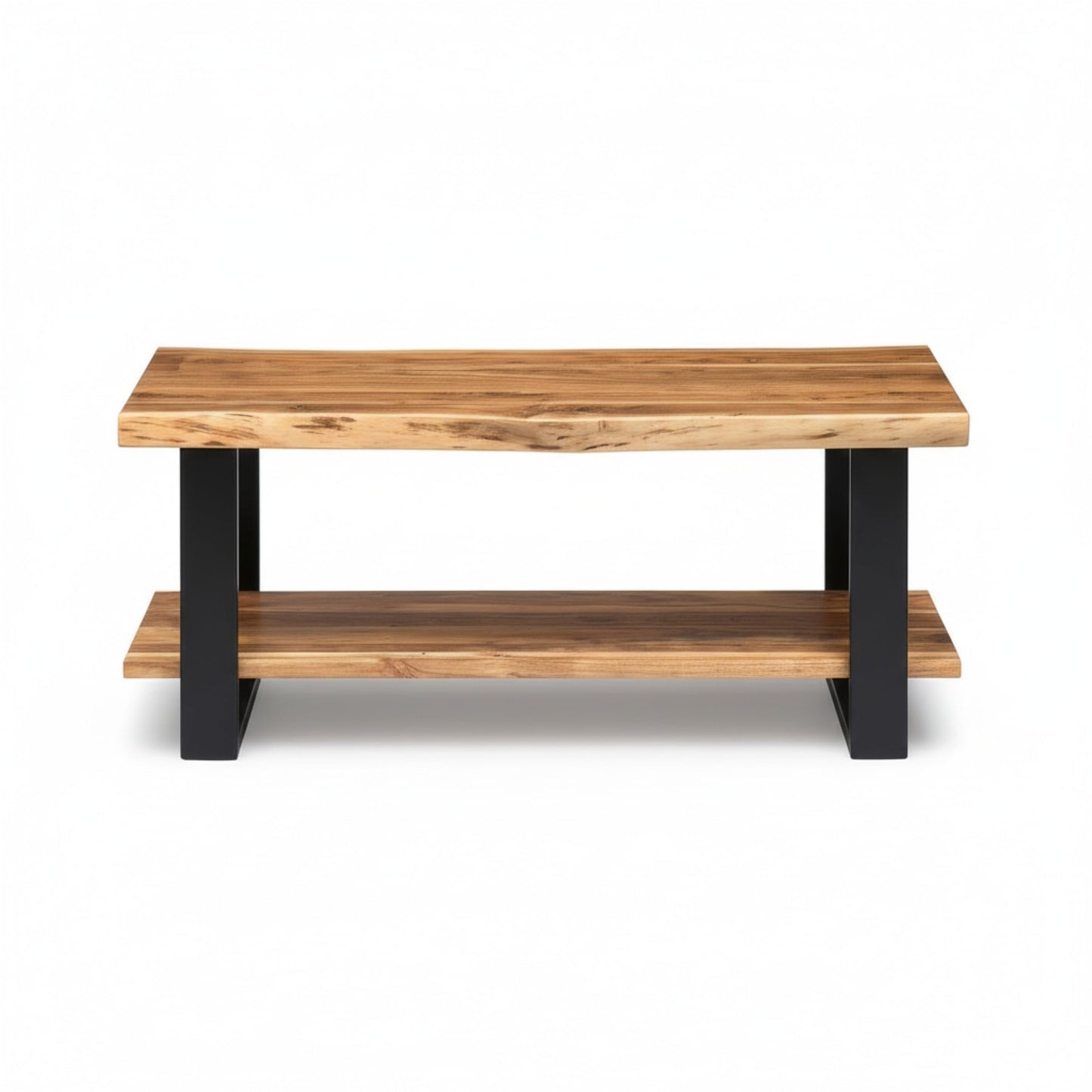 Alaterre Furniture Alpine 2-Tier Live Edge Coffee Table – 42" Solid Acacia Wood with Natural Finish, Lower Shelf Storage and Metal Frame – Rustic Industrial Style for Living Room or Home Office