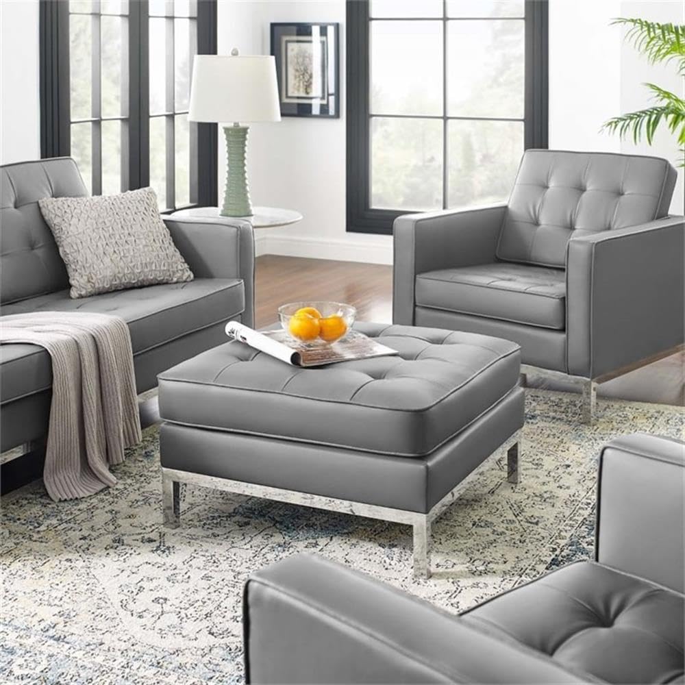 Modway Loft Tufted Button Faux Leather Upholstered Square Ottoman in Silver Gray