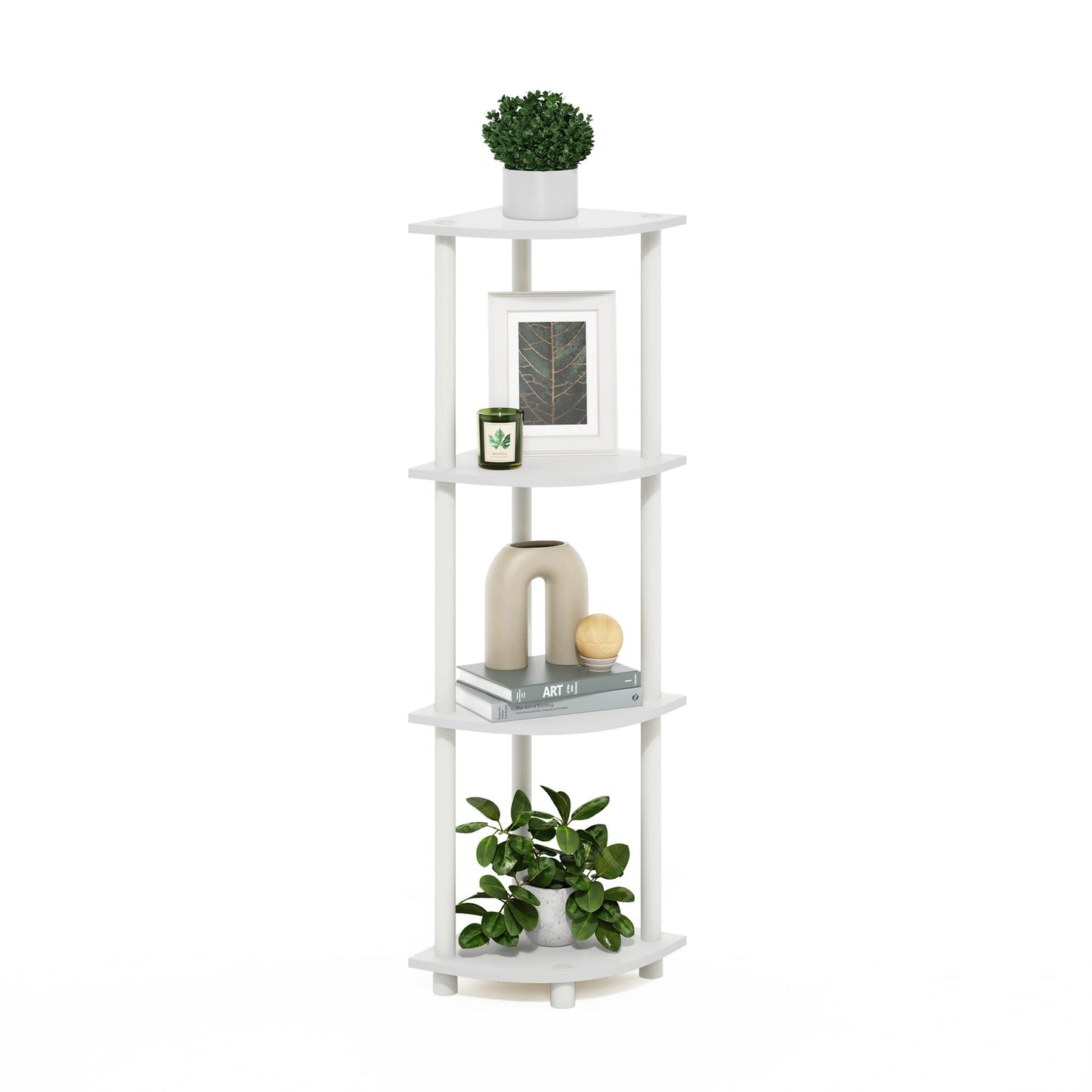 Furinno Turn-N-Tube Corner Shelf, 4-Tier Corner Bookshelf, Display Storage Shelves with Open Shelves, for Organization and Storage, Living Room, Home Office, Garage, White