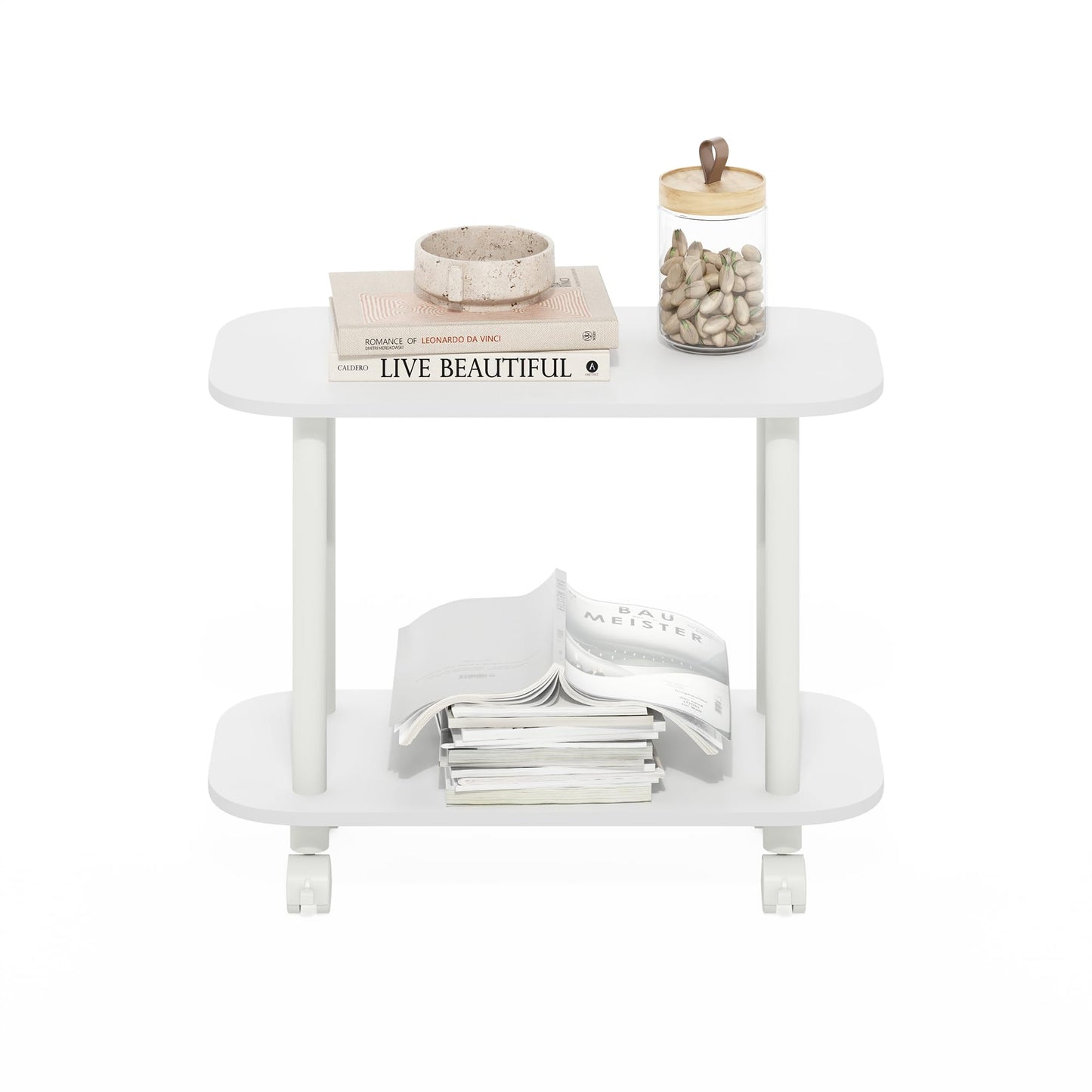 Furinno Turn-N-Tube Book Cart, 2-Tier Oval Sofa Side Table with Wheels, Round Corner Night Stand, End Table with Open Shelf, Toolless Assembly, for Living Room, Bedroom, White