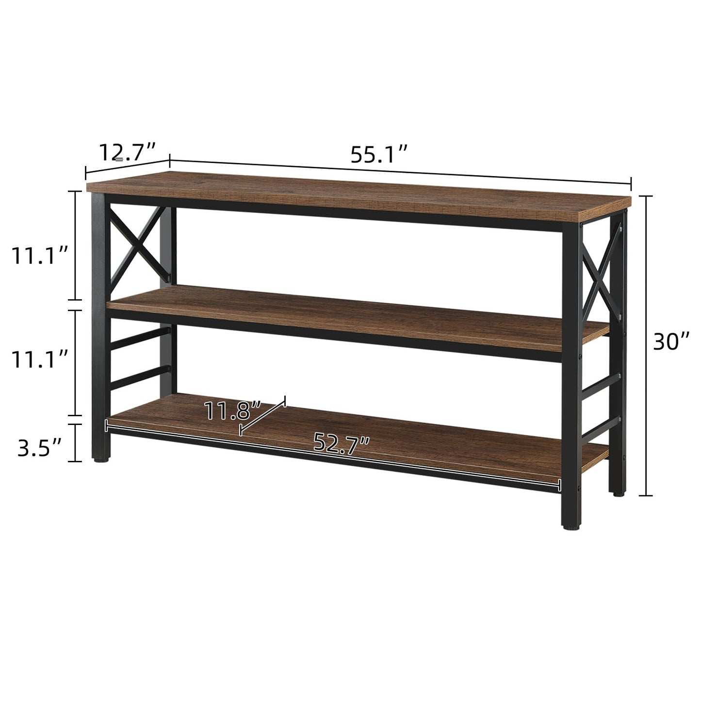 HOMBAZAAR Sofa Table,Industrial Console Table with Storage,Entryway Table with Engineered Wood and Metal,Rustic 3 Tier Shelf for Living Room,Hallway,Brown,55 Inch