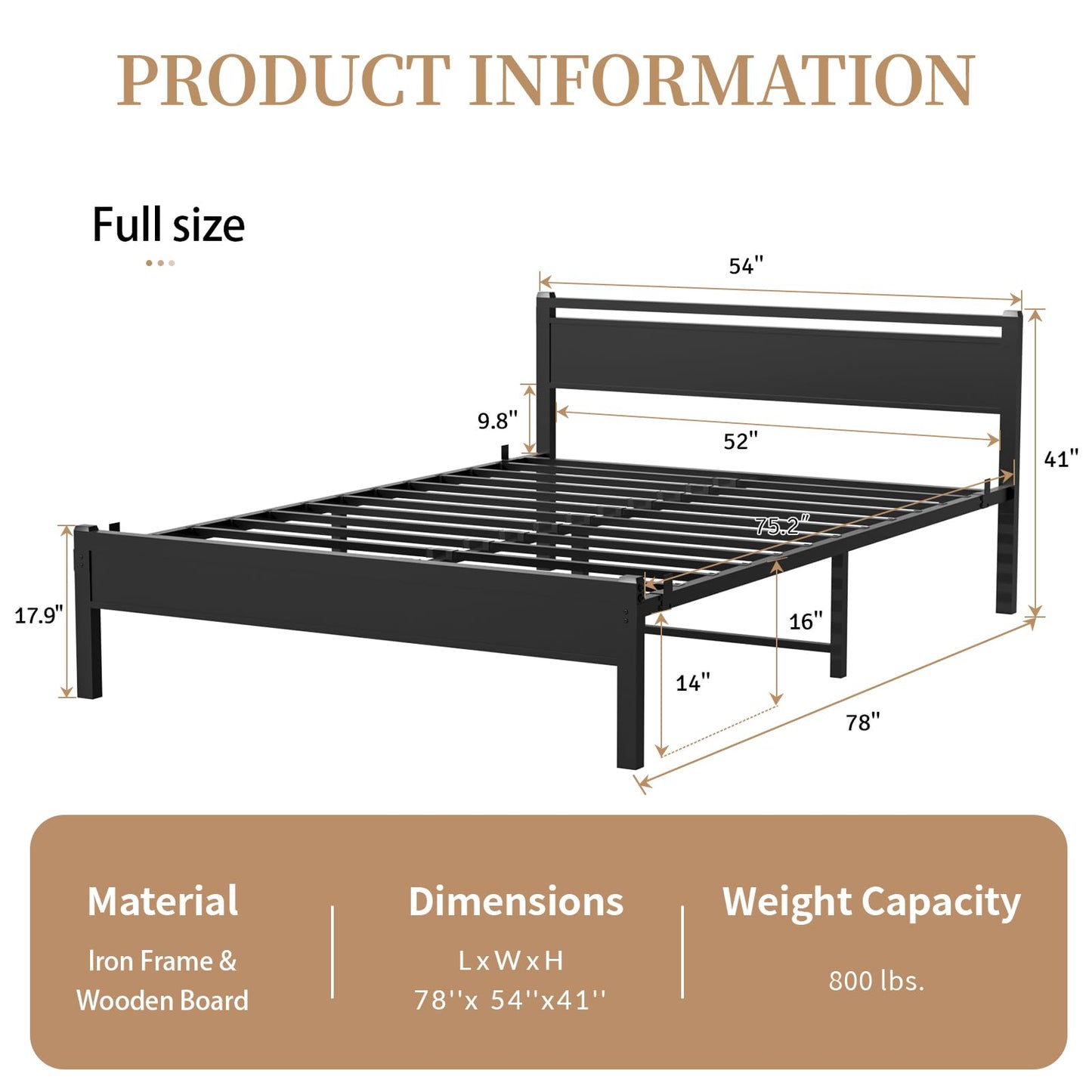 Easy Install 16 Inch Full Size Bed Frame,Metal Platform Bed Frame with Wooden Headboard and Footboard,Mattress Foundation,Large Under Bed Storage,No Box Spring Needed,Non-Slip Without Noise,Black