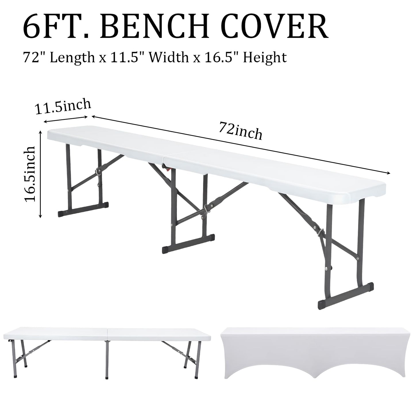 Tingjoo 2 Pack 6ft Bench Covers Stretch Folding Bench Cover Spandex Chair Cover Wrinkle Resistant, Removable and Washable Chair Covers for Weddings, Party, Craft Show, Display, Events (White)