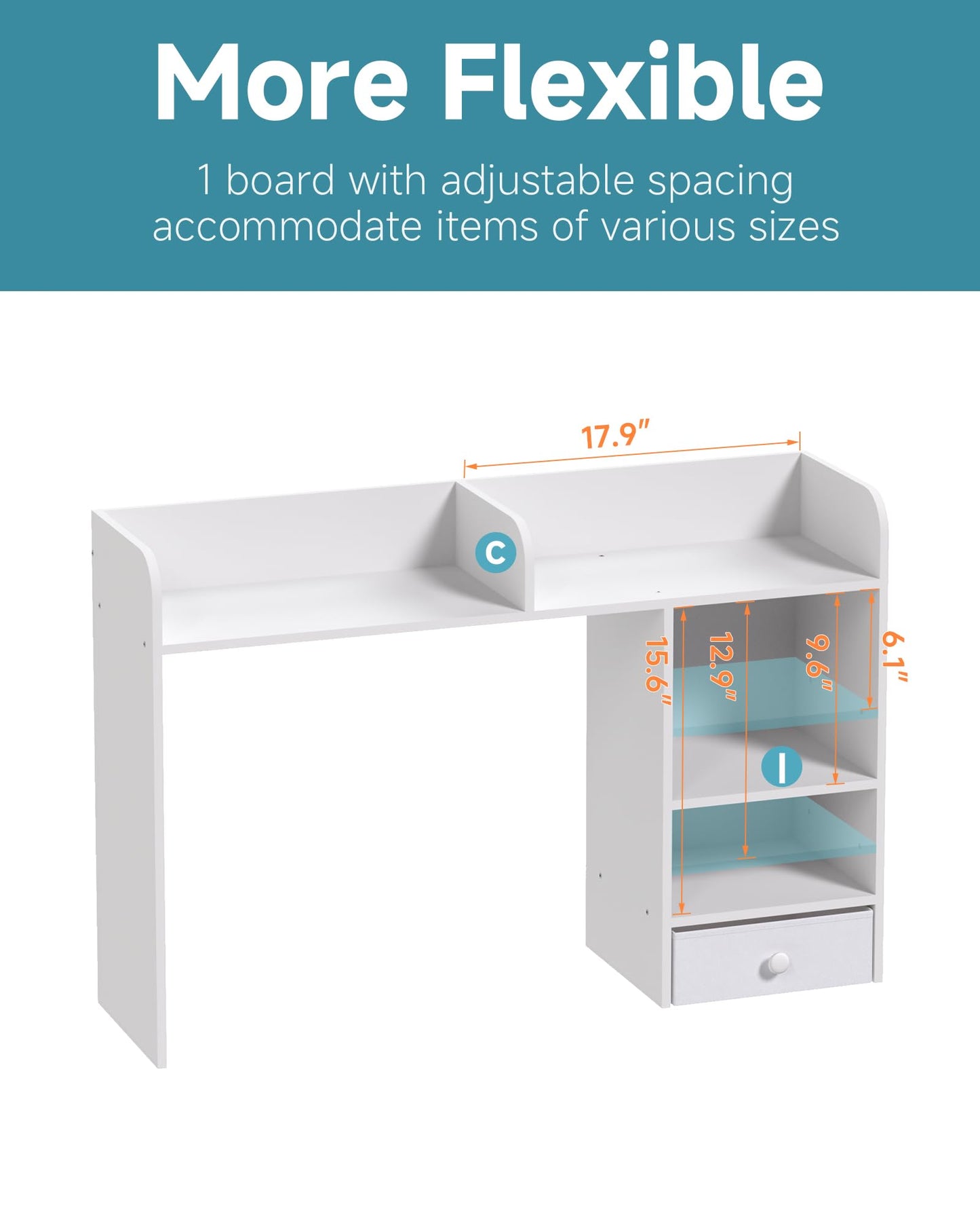 LAND·VOI Desktop Bookshelf with Drawer, Desk Hutch with 4 Storage Shelves for Computer Desk, Desk Shelf for Home Office Dorm, Dressing Tabletop, Bar Countertop, White