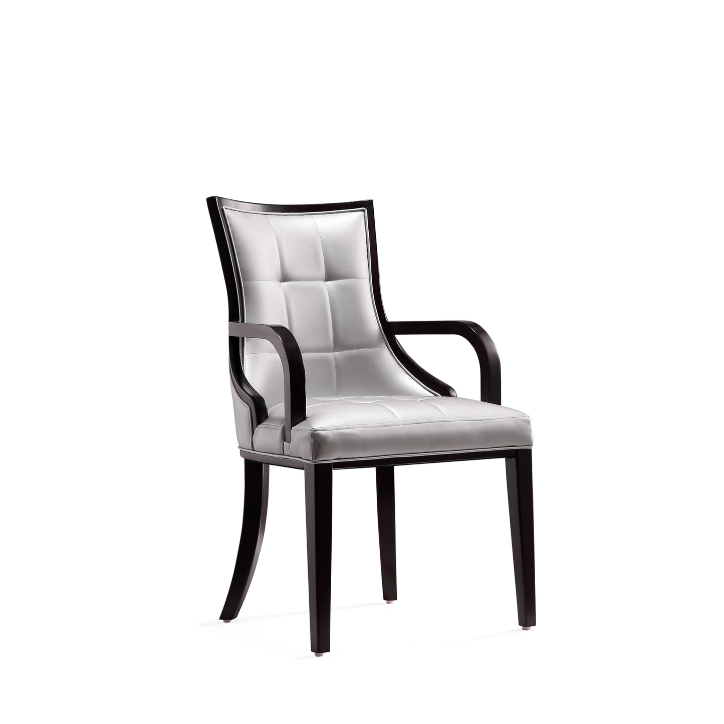 Manhattan Comfort Fifth Avenue Faux Leather Dining Chair with Arms, Padded Wingback Seat, Fine Rectangular Stitching and Solid Wood Frame, Set of 1, Silver