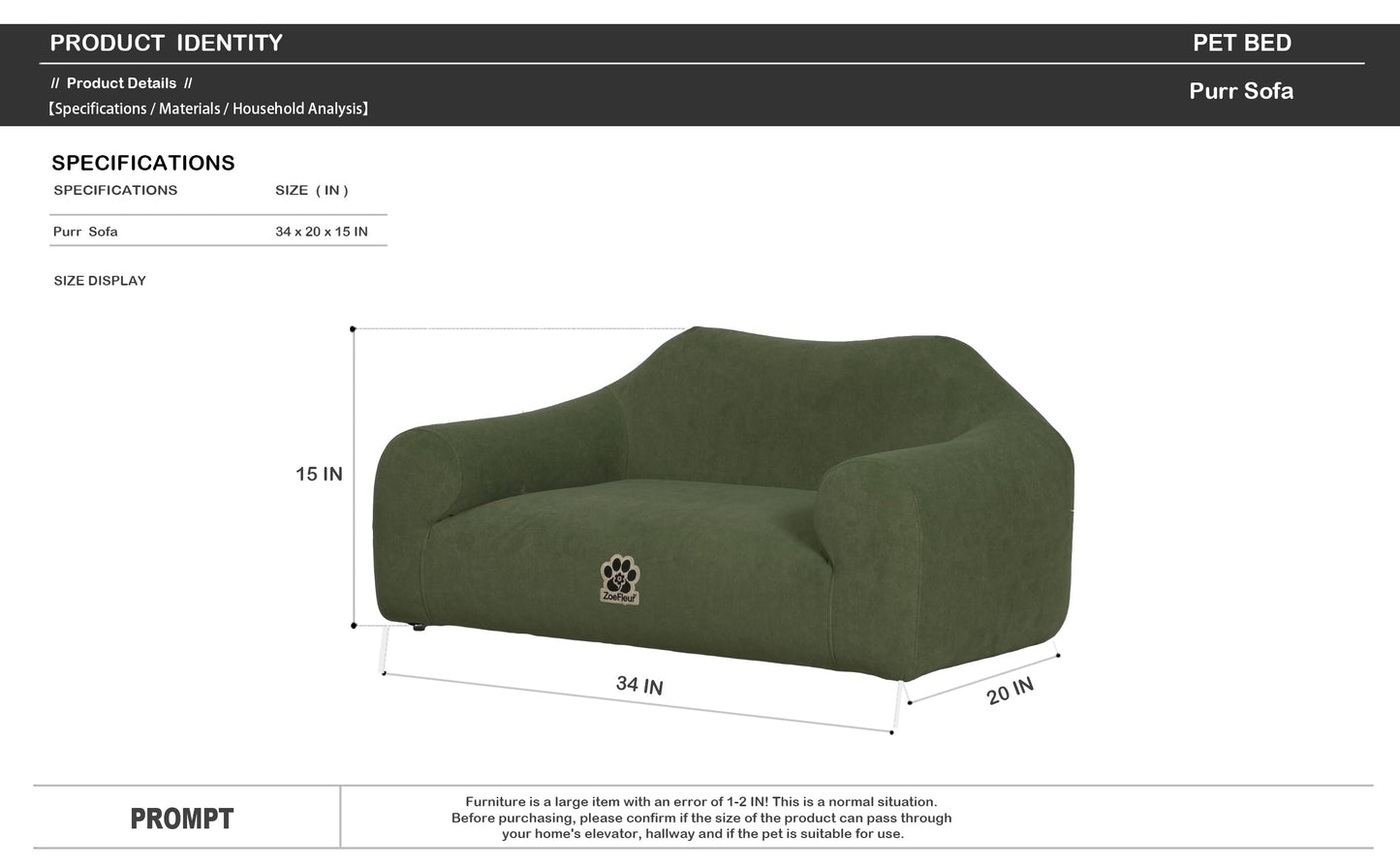 ZoeFleur 2-in-1 Human & Pet Shared Dog Sofa, Solid Pine Wood Frame with High Resilience Foam, Indoor Pet Furniture(Dark Green)