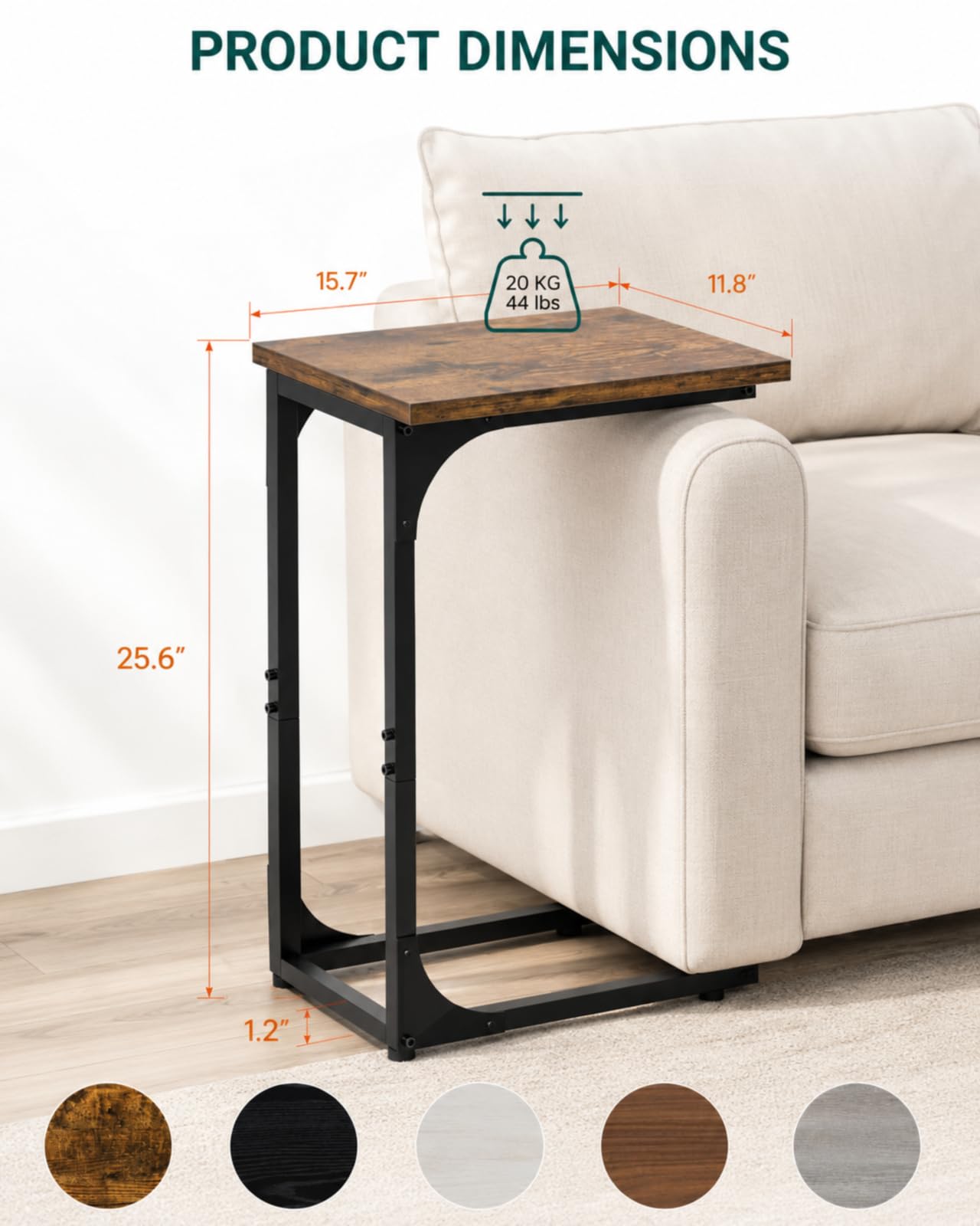 RISWER C-Shaped Side Table for Couch - Small Coffee Stand Sofa Tray Desk with Metal Frame and Waterproof Scratch Resistant, Modern End Accent for Living Room, Bedroom, Small Spaces, Rustic Brown