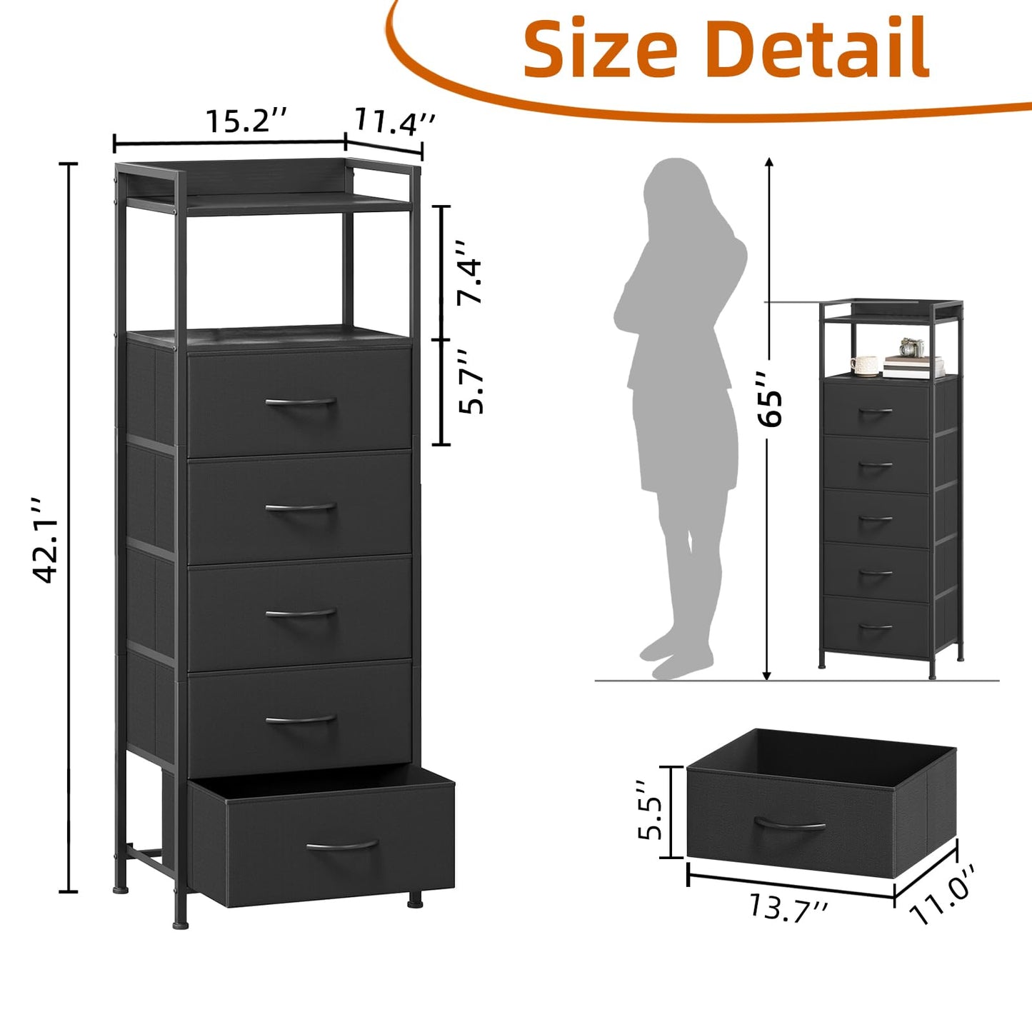 Somdot Tall Dresser for Bedroom, 5 Drawers Nightstand Vertical Storage Tower Unit, Night Stand Furniture with Fabric Drawer Organizer in Bedside Hallway, Entryway, Kids Room, Closet, Black