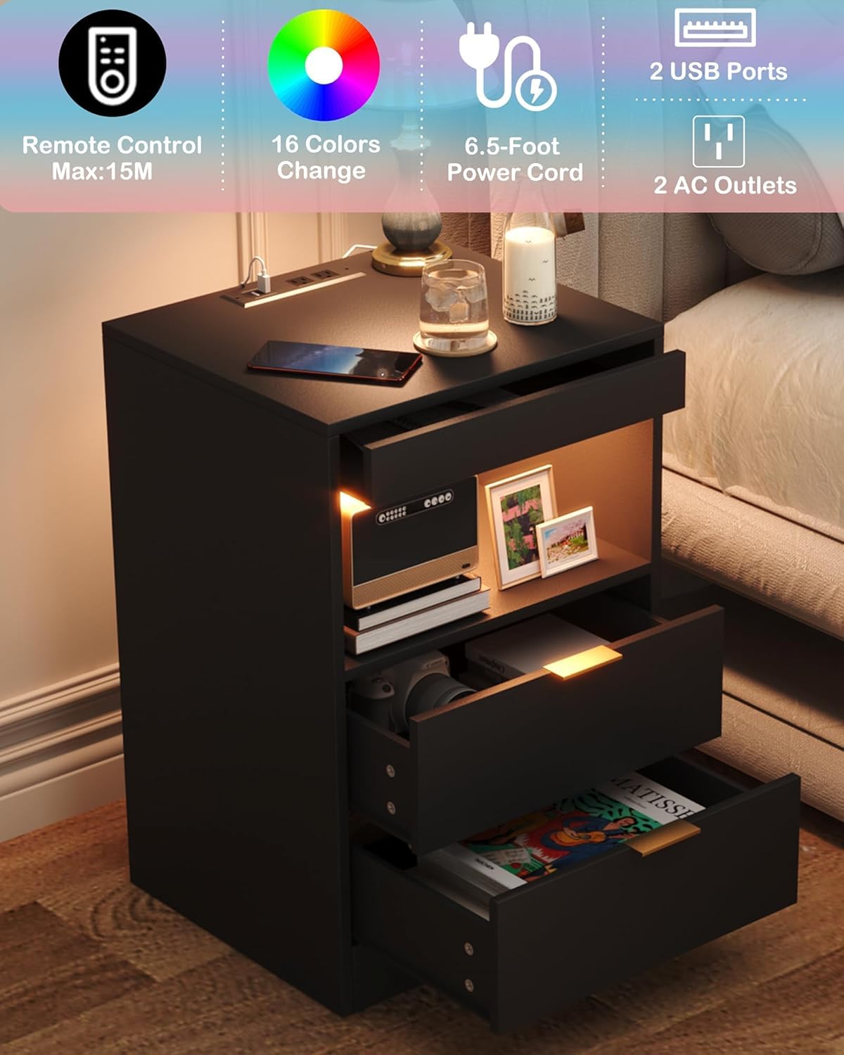 Yusong Night Stand, Black Nightstand, LED Nightstand with Charging Station, Modern Night Stand, Bedside Table, Wood Sofa Couch End Side Table with 2 Pull-Out Shelf